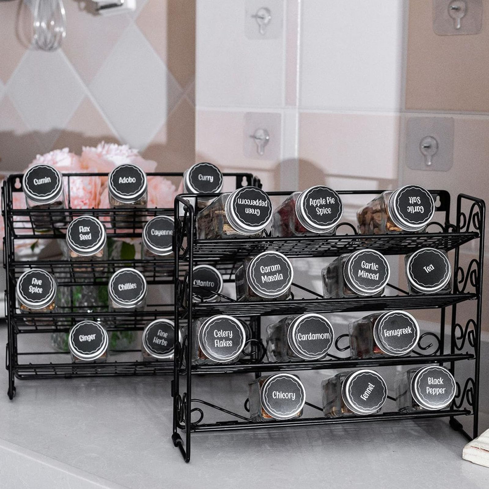 Especiero compacto y flexible de acero estructural con organización de múltiples niveles para cocinas pequeñas. No se necesitan herramientas. Planificador de botellas de especias flexible y