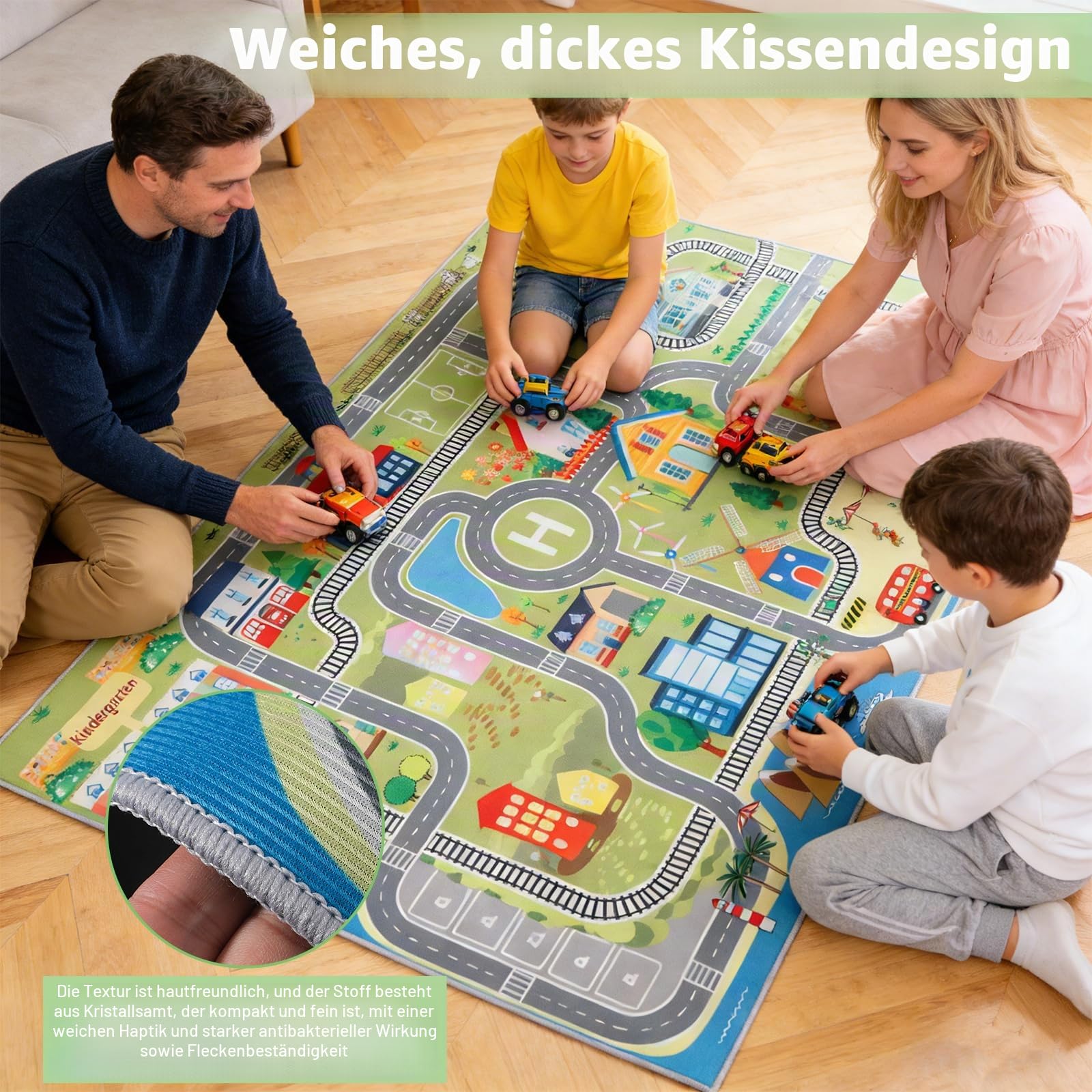 Spielteppich mit Straßen und Häusern, 120x160 cm rutschfest Teppich für Jungen & Mädchen, Autoteppich für Schlafzimmer Spielzimme Klassenzimme (A)