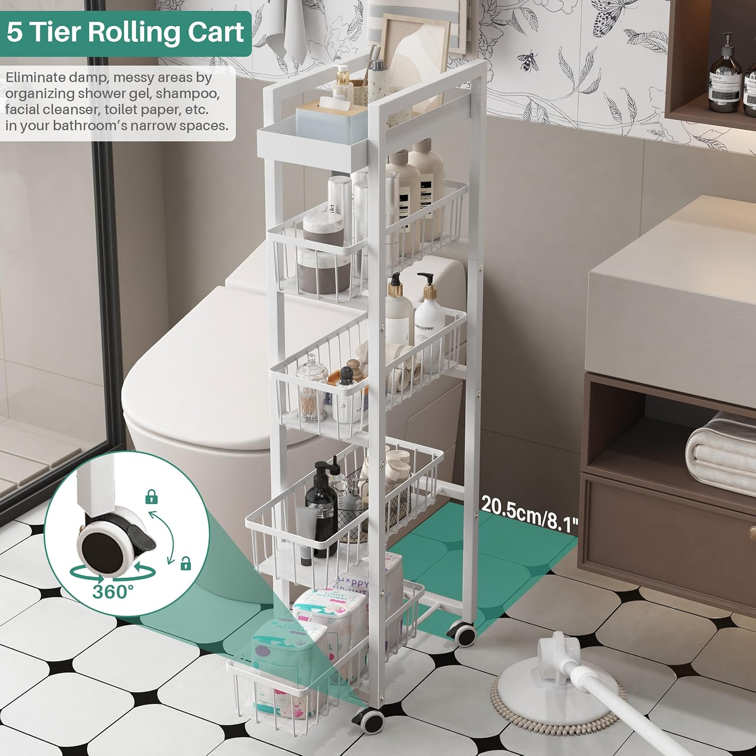 5-Tier Slim Storage Cart with Pull Out Basket, Lockable Wheels,Mobile Utility Shelving with Top for Kitchen, Dining Room, Living Room, Home Office (White)