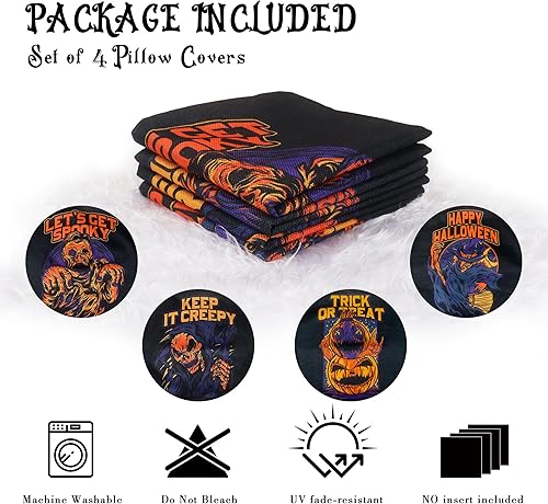 Miniatura 3 de MGupzao Juego de 4 fundas de almohada de Halloween de 18 x 18 pulgadas para decoración de Halloween en interiores, funda de almohada de lino para