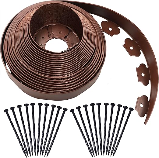40 Ft Landscape Edging Kit, Brown Garden Edging Border with 40 Edging Garden Stakes, Plastic Landscaping Edging Roll for Flower Bed Lawn Driveway Yard