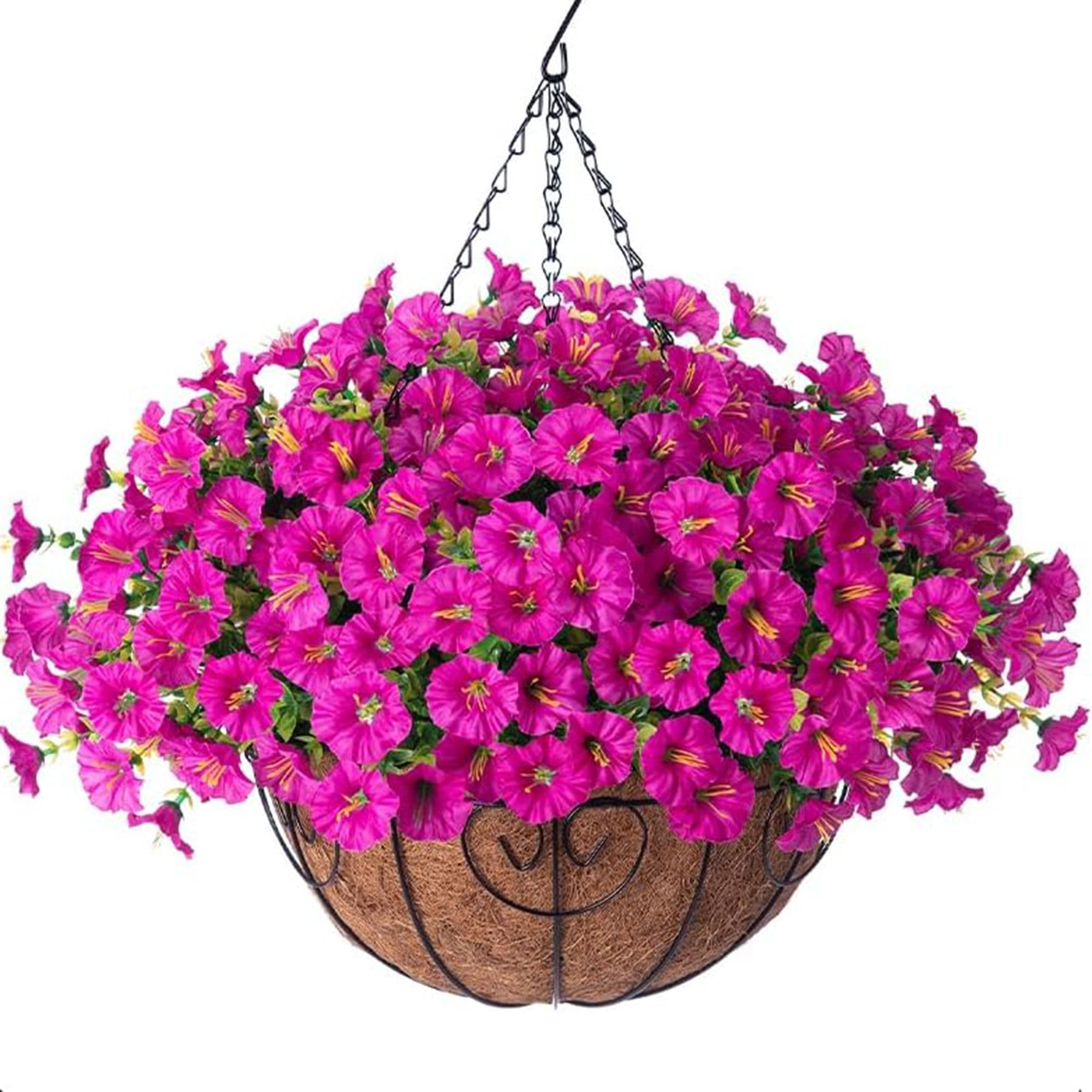 Artificial Fake Hanging Flowers Plants Baskets for Outdoor Spring Summer Decoration, Faux Silk Morning Glory in Planter UV Resistant Realistic for