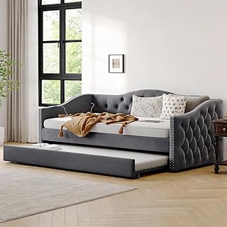 Twin Daybed with Trundle, Velvet Upholstered Sofa Bed with 2 USB Ports &...