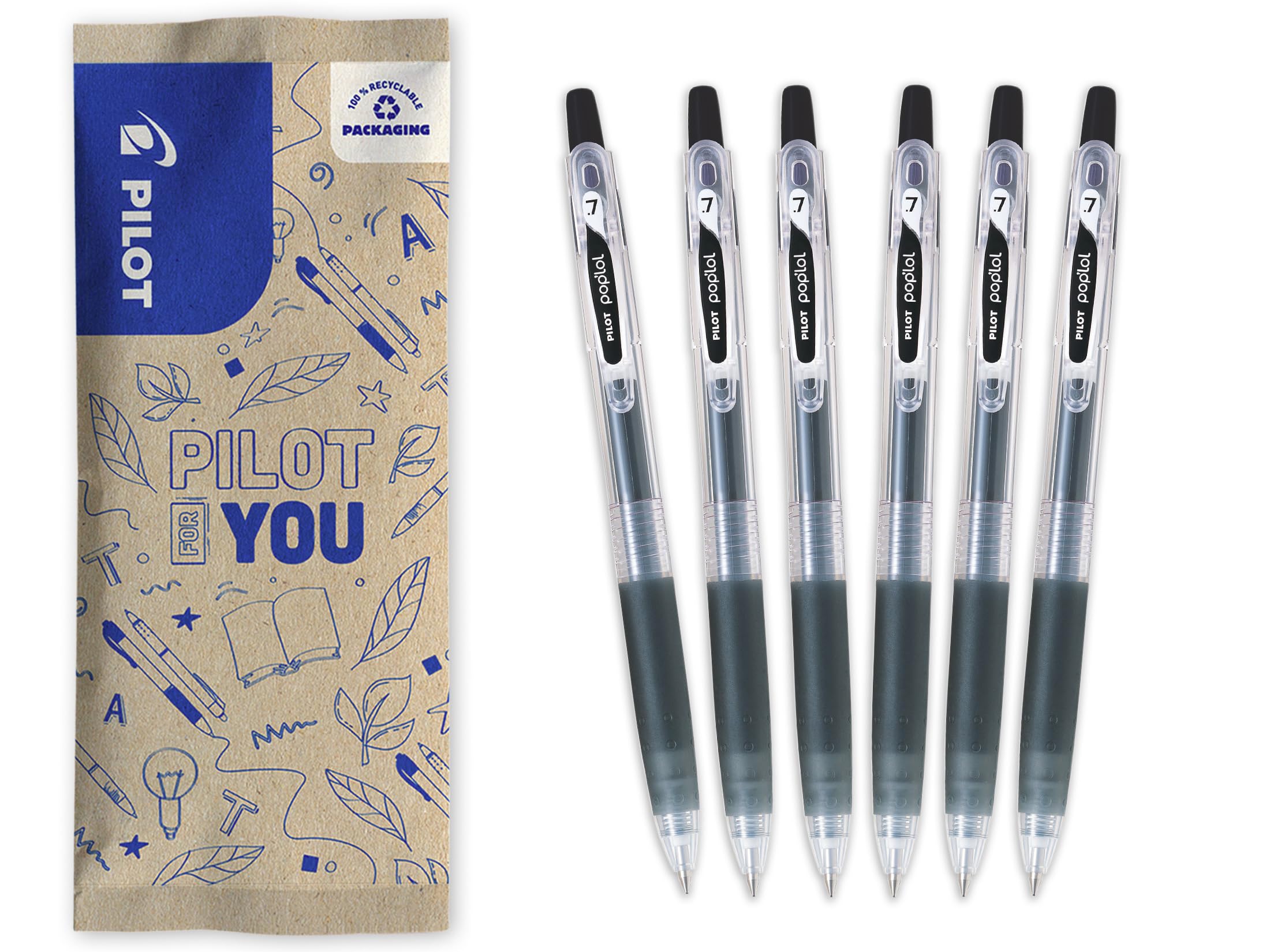 PILOT - Set of 6 Pop'Lol - Gel Ink Roller - Printable and Refillable - Smooth Writing - Black - Medium Tip