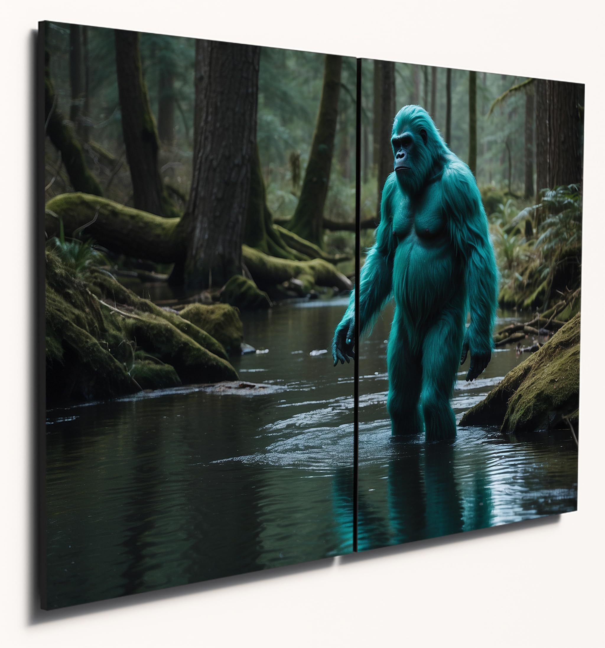 The Plum Penguin Design 1 Bigfoot Enchanted Forest Wall Art - A4 Twin Set Mdf Wood - Turquoise Twilight Scene Canvas Alternative 40 X 30Cm