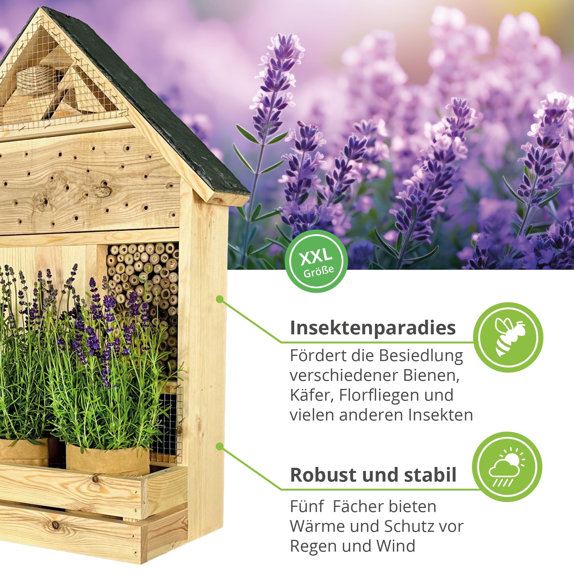 GARTENETAGE Stehendes Insektenhotel XXL mit Schieferdach und Pflanzenoase Lavendel - inkl. Anzuchtset/Naturbelassenes, massives Insektenhaus & Bienenhotel/Insektenhotel zum Aufstellen