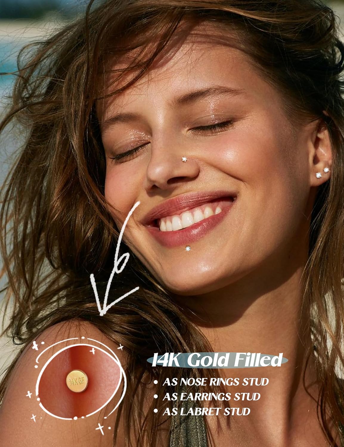 14K Gold Filled Nose Rings Studs for Women Men - 18G 16G Hypoallergenic Surgical Steel Nose Rings Hoops Opal CZ Internal Thread Flat Back Studs for Women Lip Nostril piercing jewelry