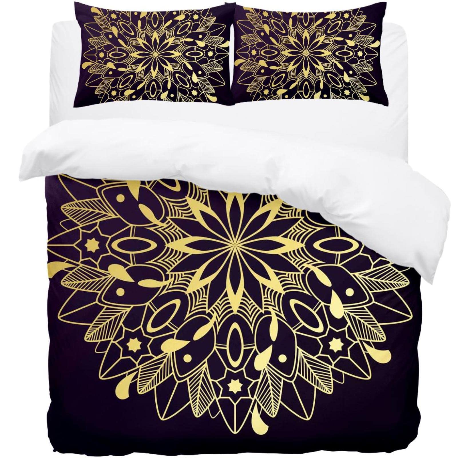 Parure de lit Mandala floral doré drap housse de couette douce lit double adulte