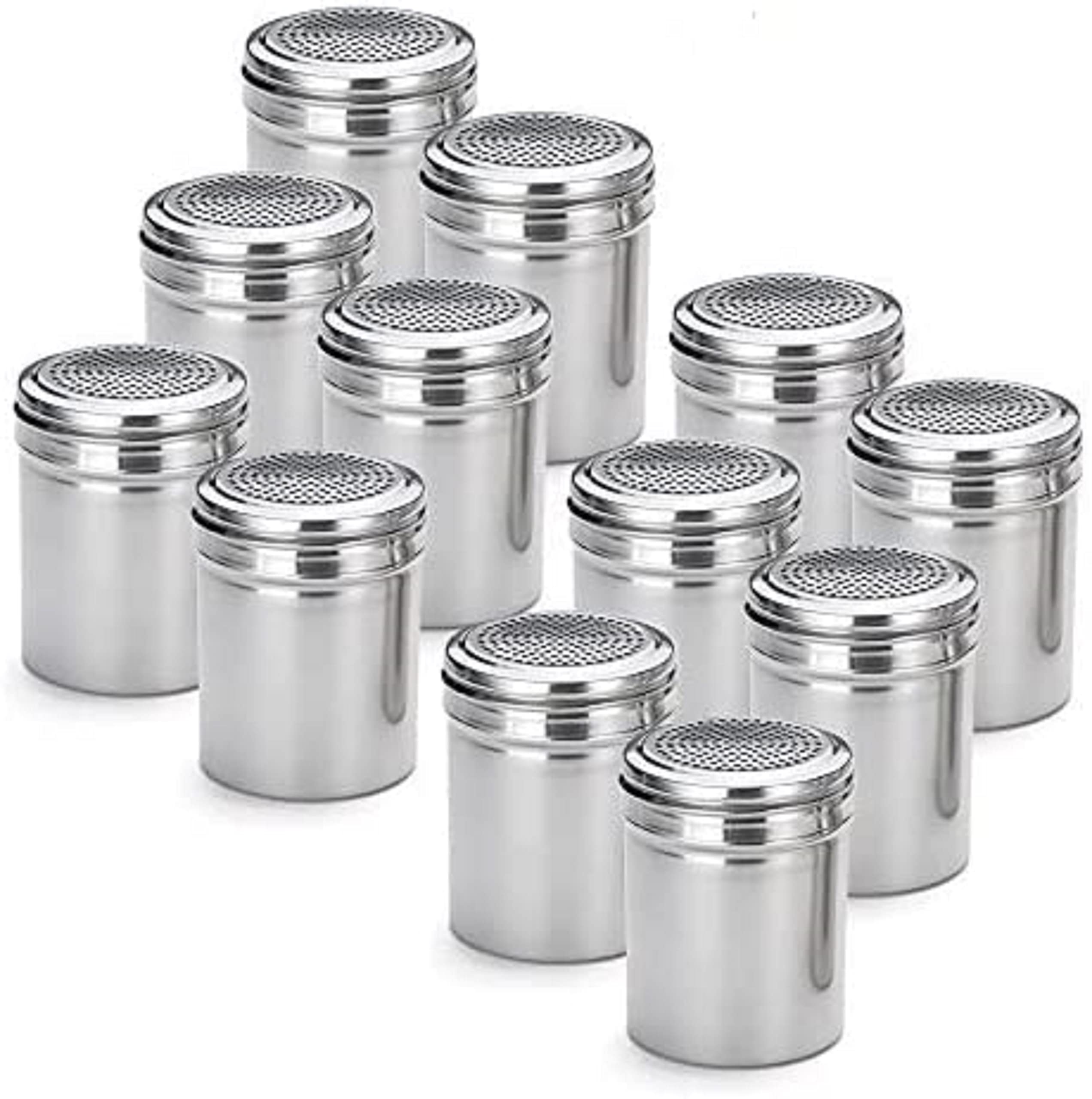 TrueCraftware-10 Ounce Stainless Steel Dredge Shakers without Handle Set of 12- Cheese Shakers Chili Flakes Powder Shaker Sugar Spice Seasoning Cans for Kitchen Cooking Baking Home Restaurant