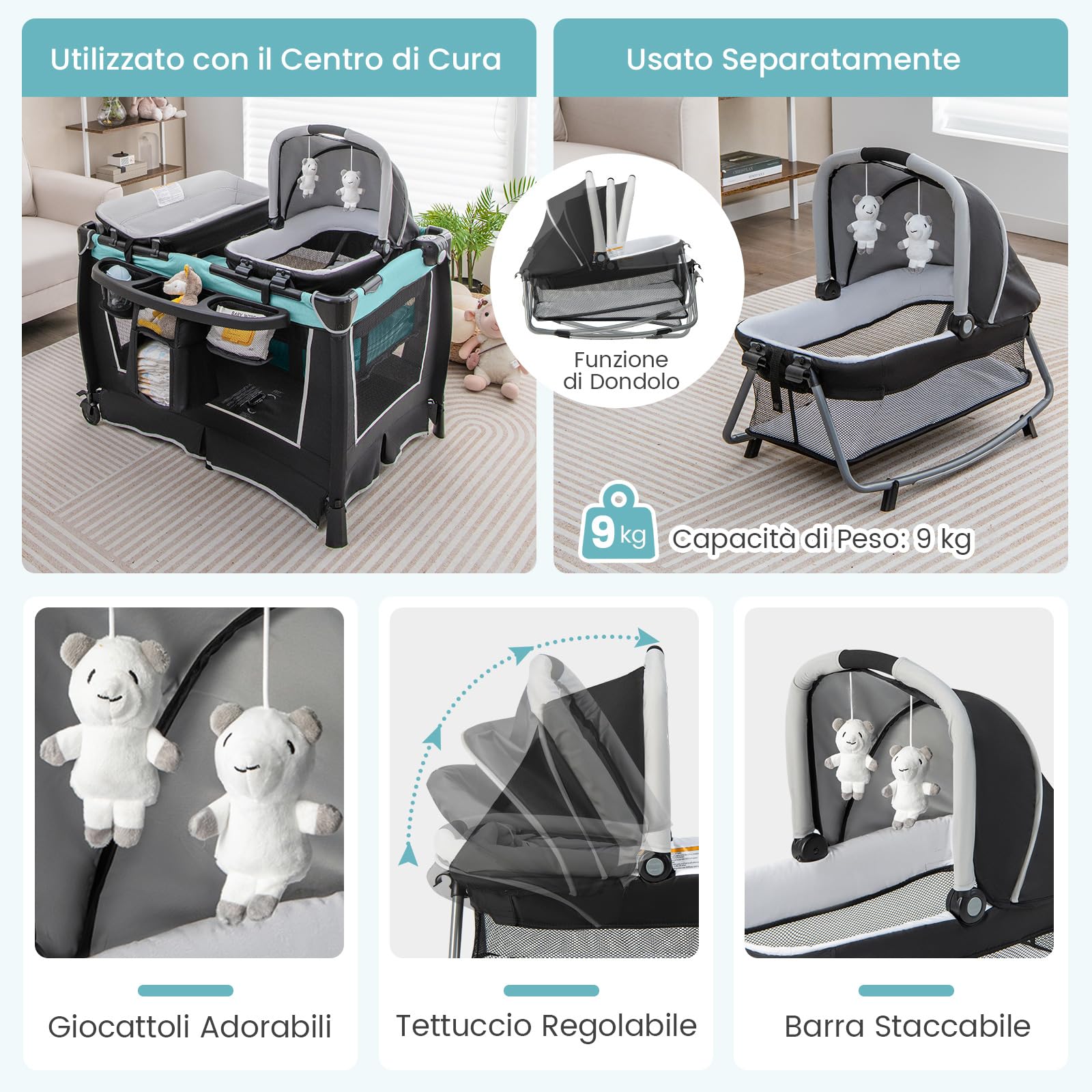 RELAX4LIFE 4 in 1 Lettino da Campeggio per Bambini, Culla Neonato con Fasciatoio, Materasso e Carillon, Lettino Multifunzionale con 2 Piani Regolabili, 0-36 Mesi (Verde)