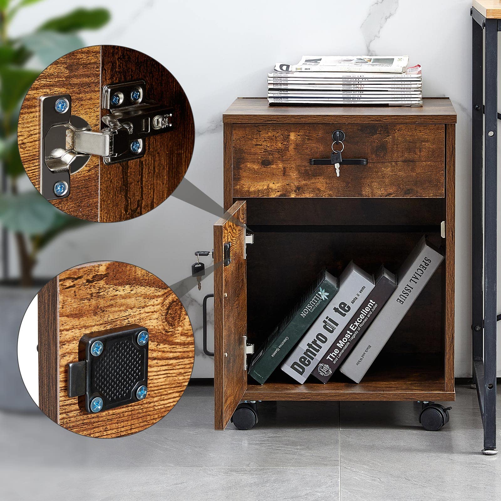 CLIPOP Rollcontainer Abschließbare Aktenschrank Holz Schublade Aktenschrank mit 1 geschlossenem Speicher und 4 Rolling Wheels, Mobile unter Schreibtisch Schrank für A4 Papier und Aktenordner