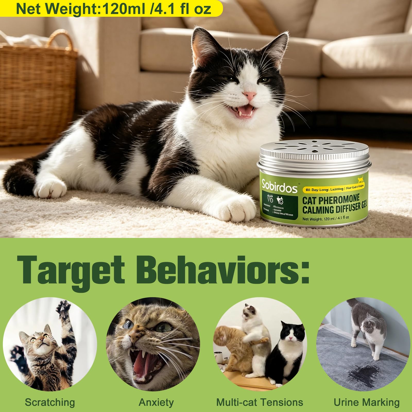 Diffusore Gel Calmante per Gatti, 120ml Senza Elettricità, 60 Giorni Durata, Coperchio Regolabile, Sicuro per Gatti Domestici e Multi-Gatto (Bianco, M)