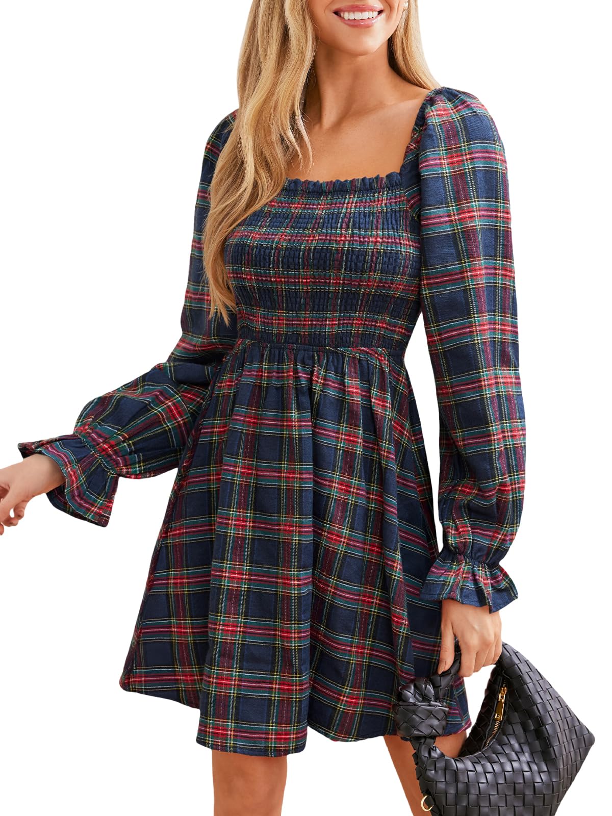 CUPSHE Womens Red Plaid Ruffle Cuff Fall Dress Square Neck Long Puff Sleeve Smocked Bodice Casual Mini Autumn