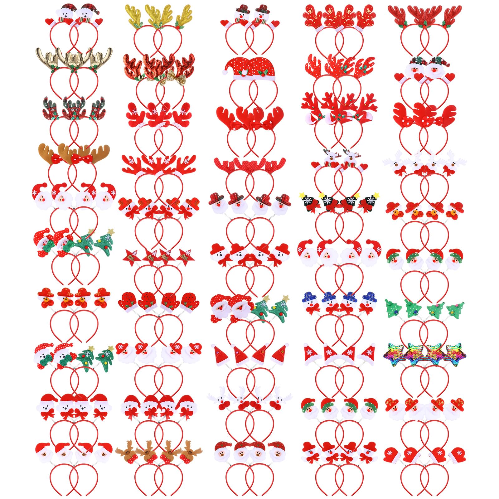 100 diademas de Navidad a granel con diseños surtidos, bonitos adornos de cabeza de Navidad, reno, muñeco de nieve, sombrero de Papá Noel, árbol de Navidad, oso, lazo, para regalos de fiesta