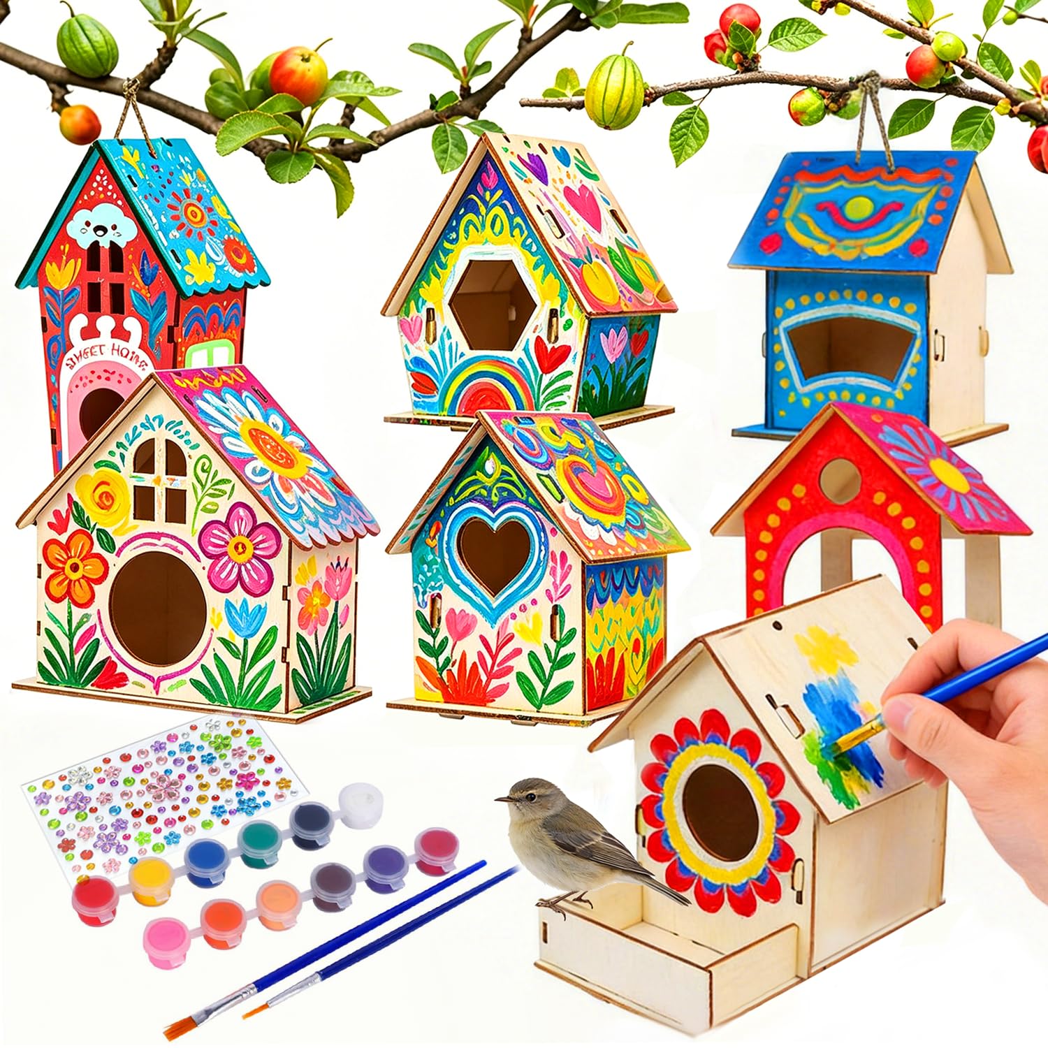 RivanPal DIY Wooden Bird House Kits, 12 Pack Unfinished Wood Birdhouses, Buildable Arts and Crafts Project, 6 Unique Shapes Wooden Craft Gifts with Paint, Brushes, Stickers & Strings