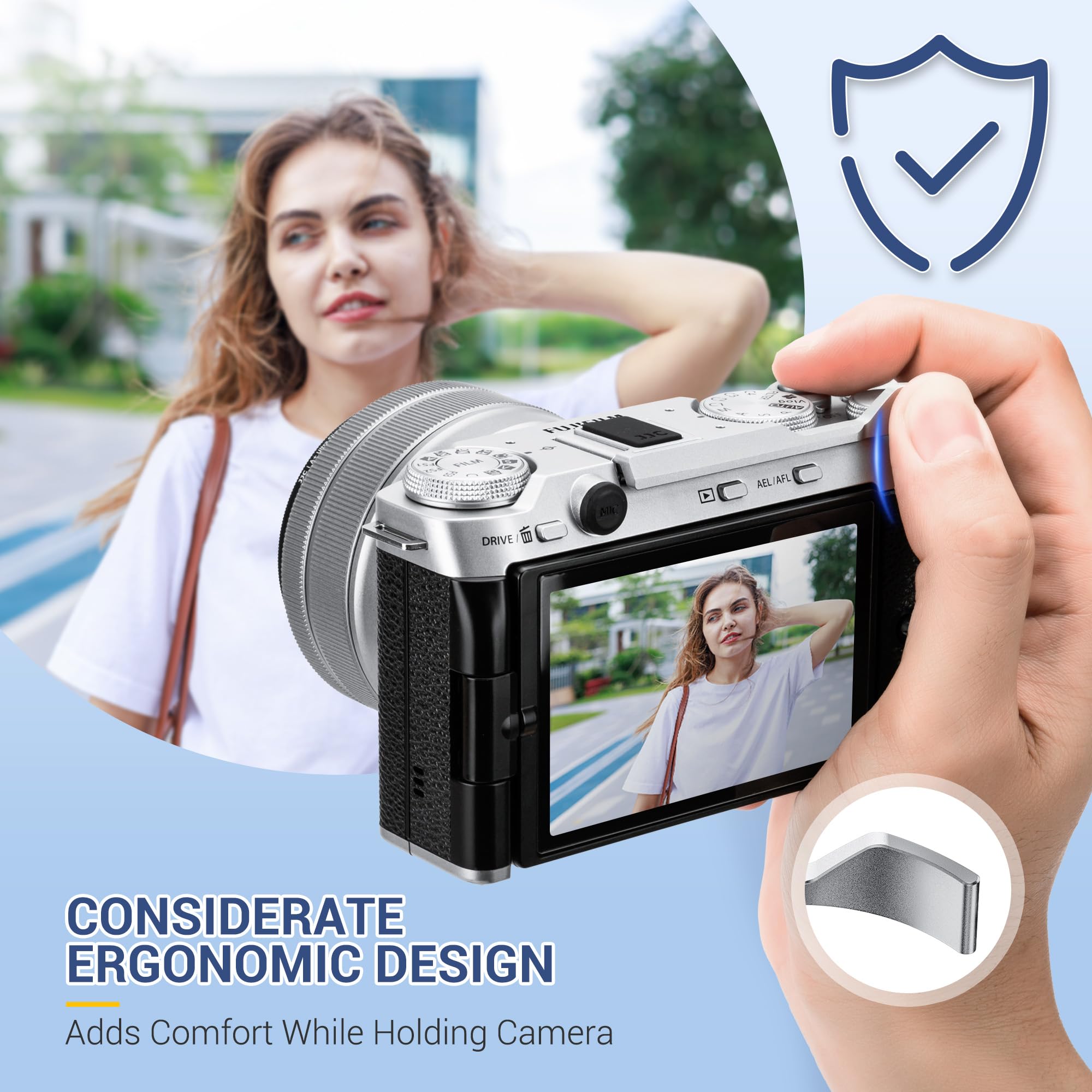 JJC Metal Thumb Rest Grip for Fuji Fujifilm X-M5 XM5 Camera, Hot Shoe Thumb Rest Support Grip for Stable & Safe Hand Hold, with Anti-Scratch Silicone Pad, Not Affect The Use of Camera Buttons, Silver