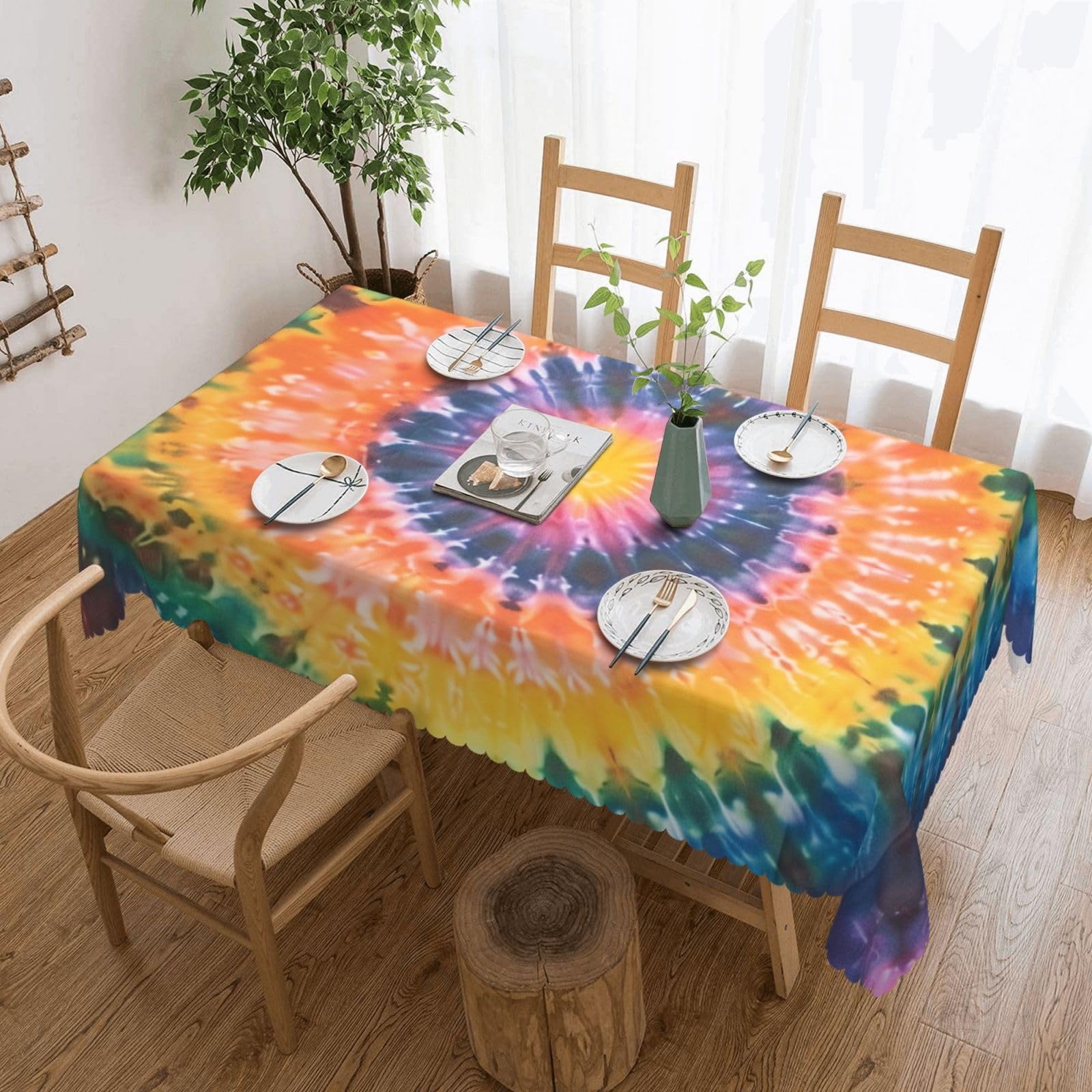 WPKJU Tie Dye Printed Rectangle Tablecloth 72x54 Inch with Lace Trim, Water-Resistant Washable Table Cover for Farmhouse Weddings, Outdoor Picnics & Holiday Dining