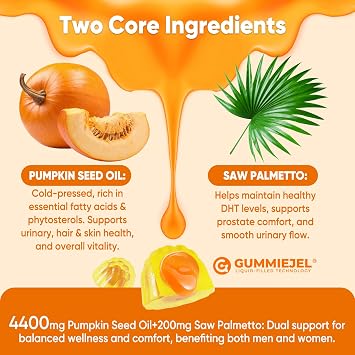 Pumpkin Seed Oil Gummies 4400mg with Saw Palmetto, Cranberry, Lycopene, Vitamin E, Zinc, Cold Pressed, Pure Virgin Pumpkin Seed Oil for Hair Growth, Skin, Urinary, Bladder & Prostate Health, 60 Count