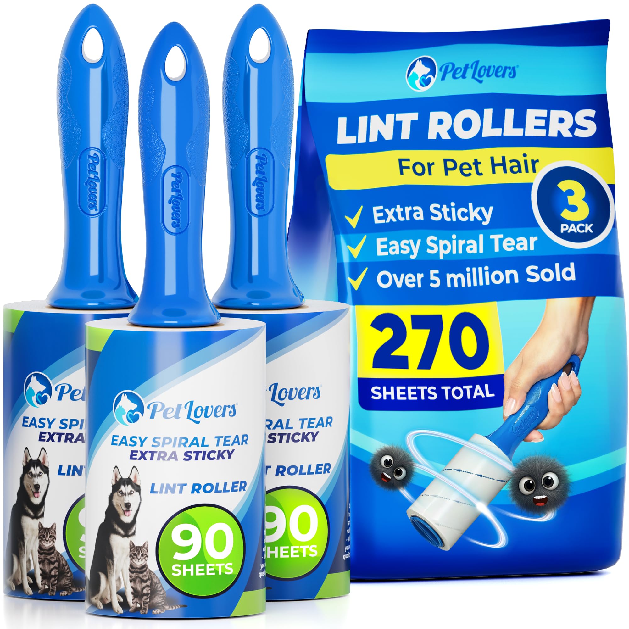 PetLovers 270 Sheets Extra Sticky Roller for Pet Hair Removal, Dog Cat Lint Remover, Pack of 3