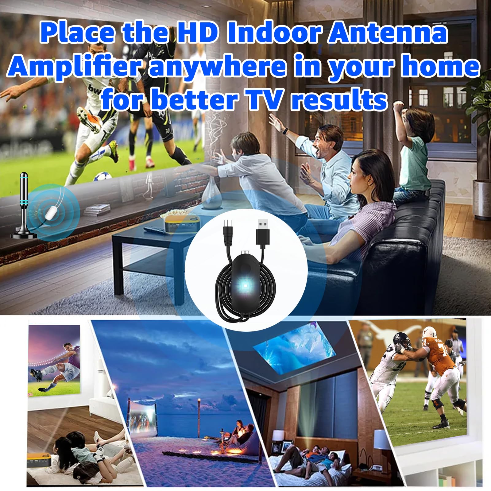 Amplificatore per antenna TV, amplificatore di segnale per ricezione chiara, compatibile con televisori digitali interni, cavo USB da 1 m con cavo da 0,3 m
