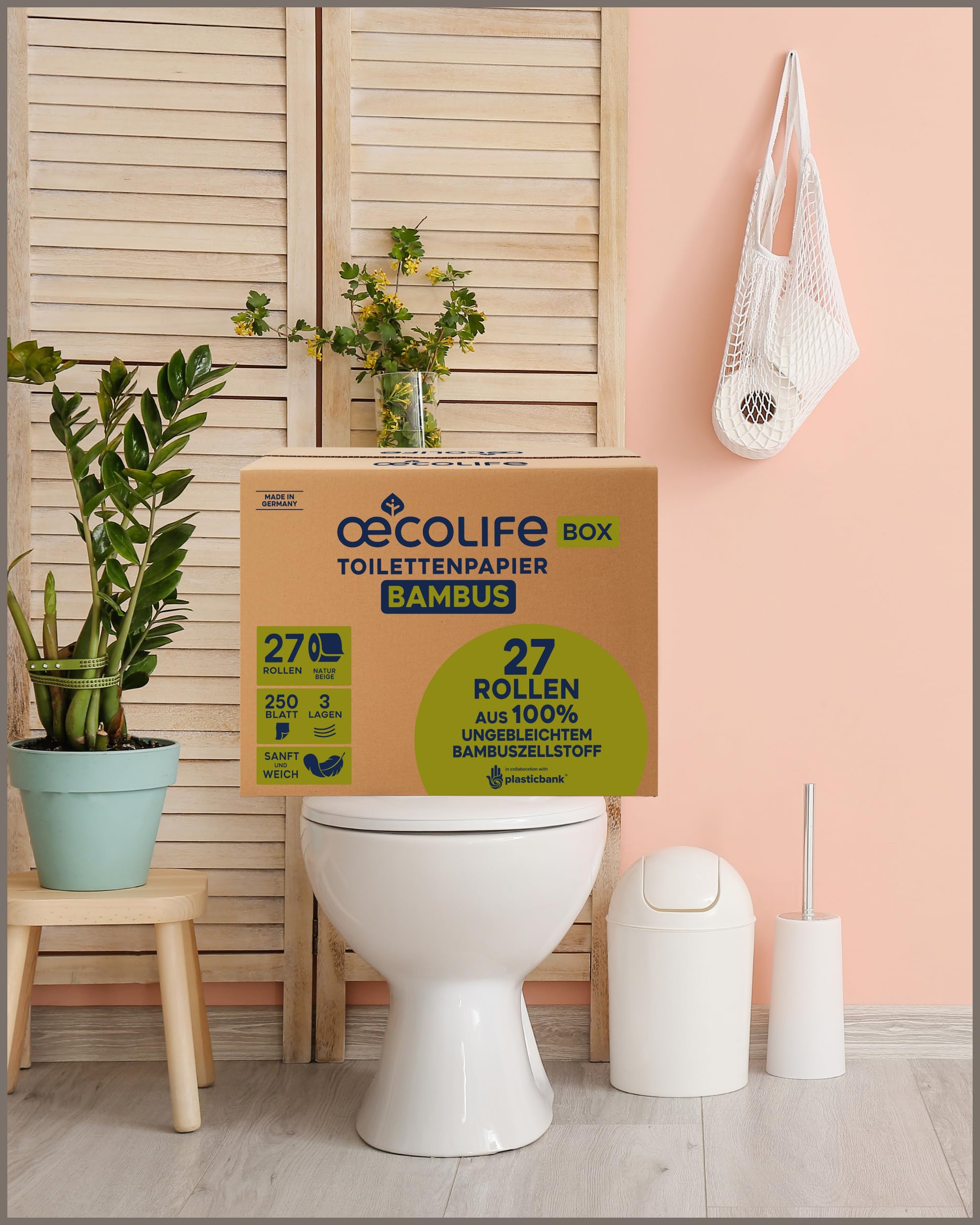 œcolife Toilettenpapier Box Bambus, 3-lagig, 27 Rollen, 250 Blatt pro Rolle, vegan, plastikfrei verpackt, aus 100% Bambus-Zellstoff, super sanft und weich, ohne Kolophonium | 100 % Bambus
