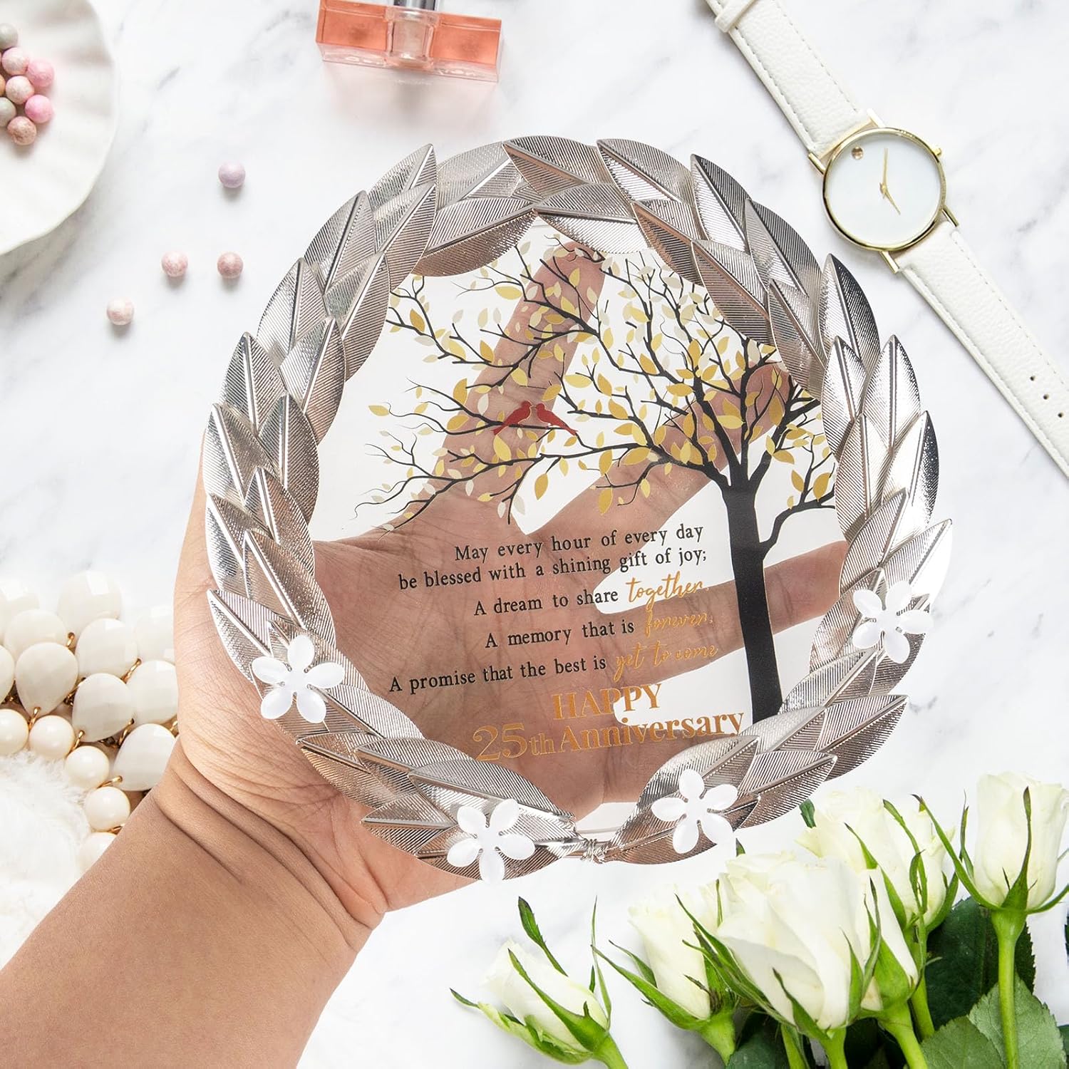 25th Anniversary Wedding Gifts Crystal Plate with Gold Leaf Wreath - 25 Years Anniversary Wedding Unique Gifts Ideas for Parents Couple - Cardinal Style