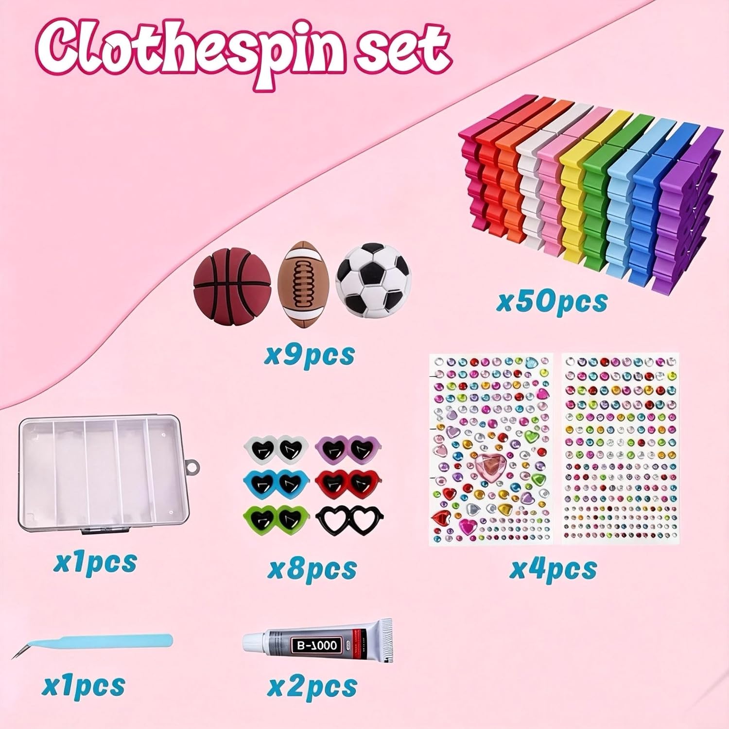 50pcs Cheer Pins Kit: Wooden Cheer Clothes Pins (2.8 inches) with Over 380 Unique Clip Charms, Including Cheer Pins for Cheerleaders, Zodiac Symbols, American Flag, Glowing Ducks and Turtles