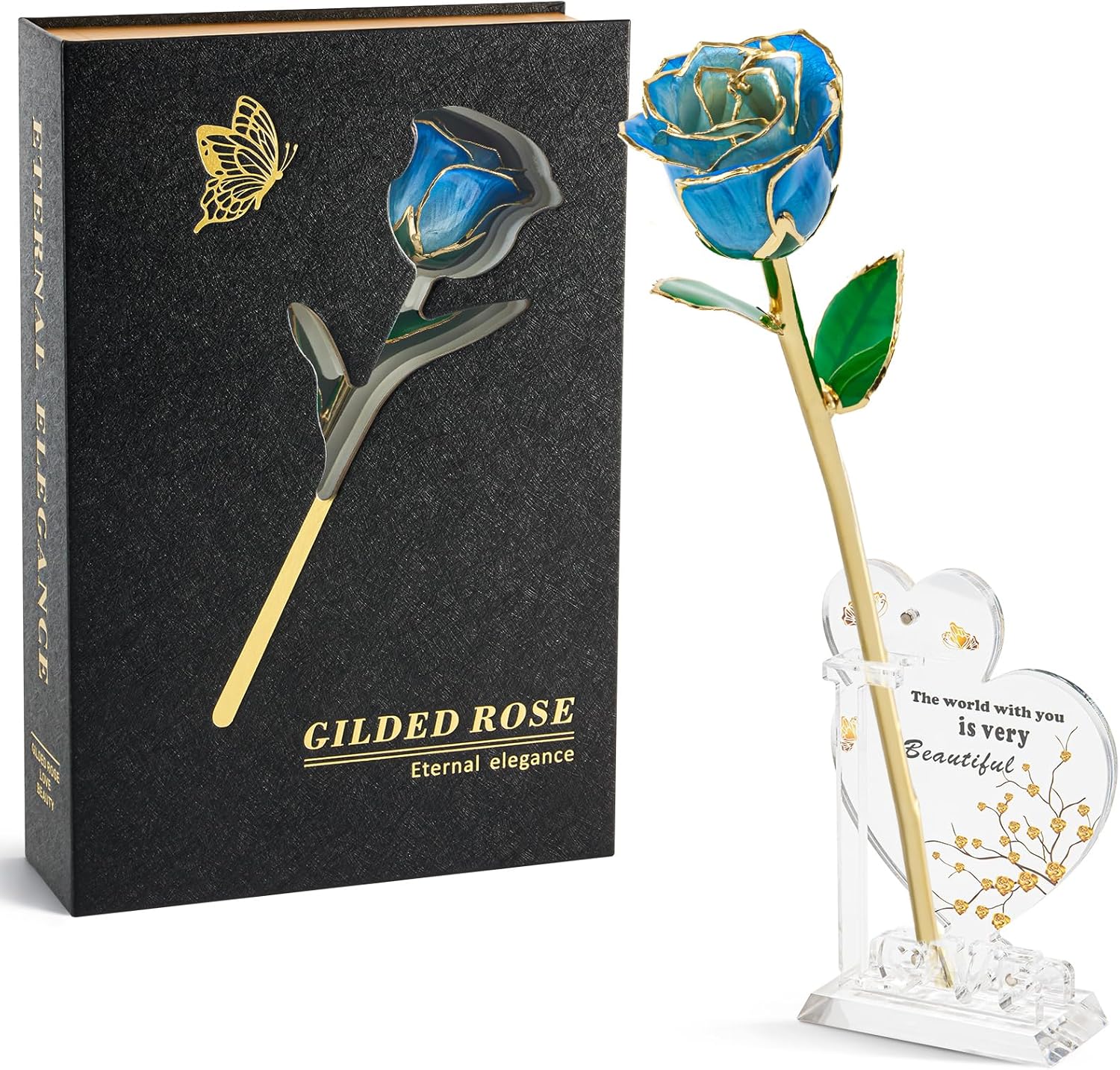 24K Gradient Blue Gold Dipped Realistic Rose Gift Set – Passionate Ombre Eternal Rose with Interlocking Acrylic Butterfly Display Base & Premium Book-Style Gift Box – Romantic Gift for Her