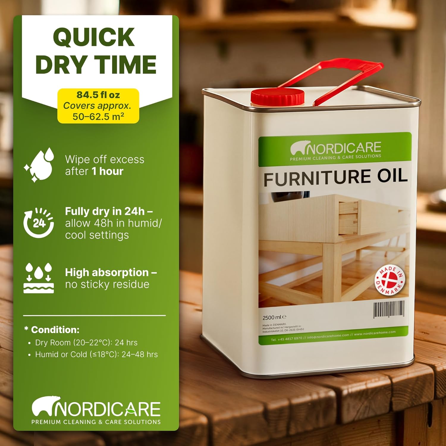 Nordicare Wood Oil Colorless - Premium Walnut Oil, Teak Oil, Wood Oil Furniture for Oak, Beech, Teak, Walnut, Pine, Larch - Natural Furniture Wood Oil - Made in Denmark - for Indoor Use (84.5 oz)