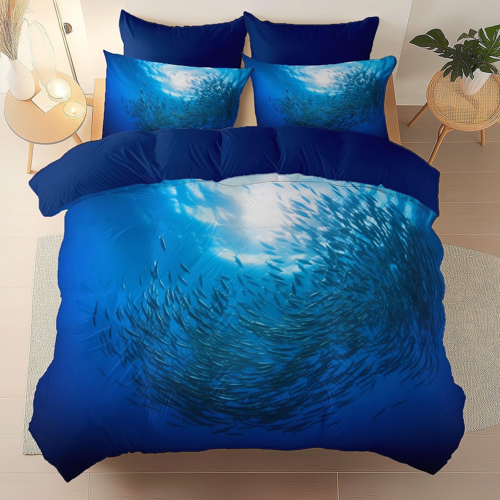 Zestaw pościeli pod morzem (ryba), miękki zestaw pościeli ze szczotkowanej mikrofibry poszewka na kołdrę z poszewkami na poduszki 230 x 220 cm, prezenty dla mamy, dekoracja sypialni, granatowy