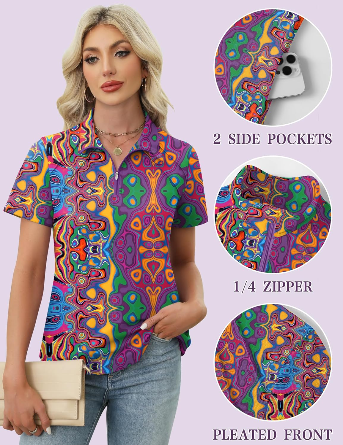 LOMON Womens Golf Polo Shirts Summer Short Sleeve 1/4 Zip Tops Moisture Wicking Casual Tennis Activewear with Pockets - Image 6