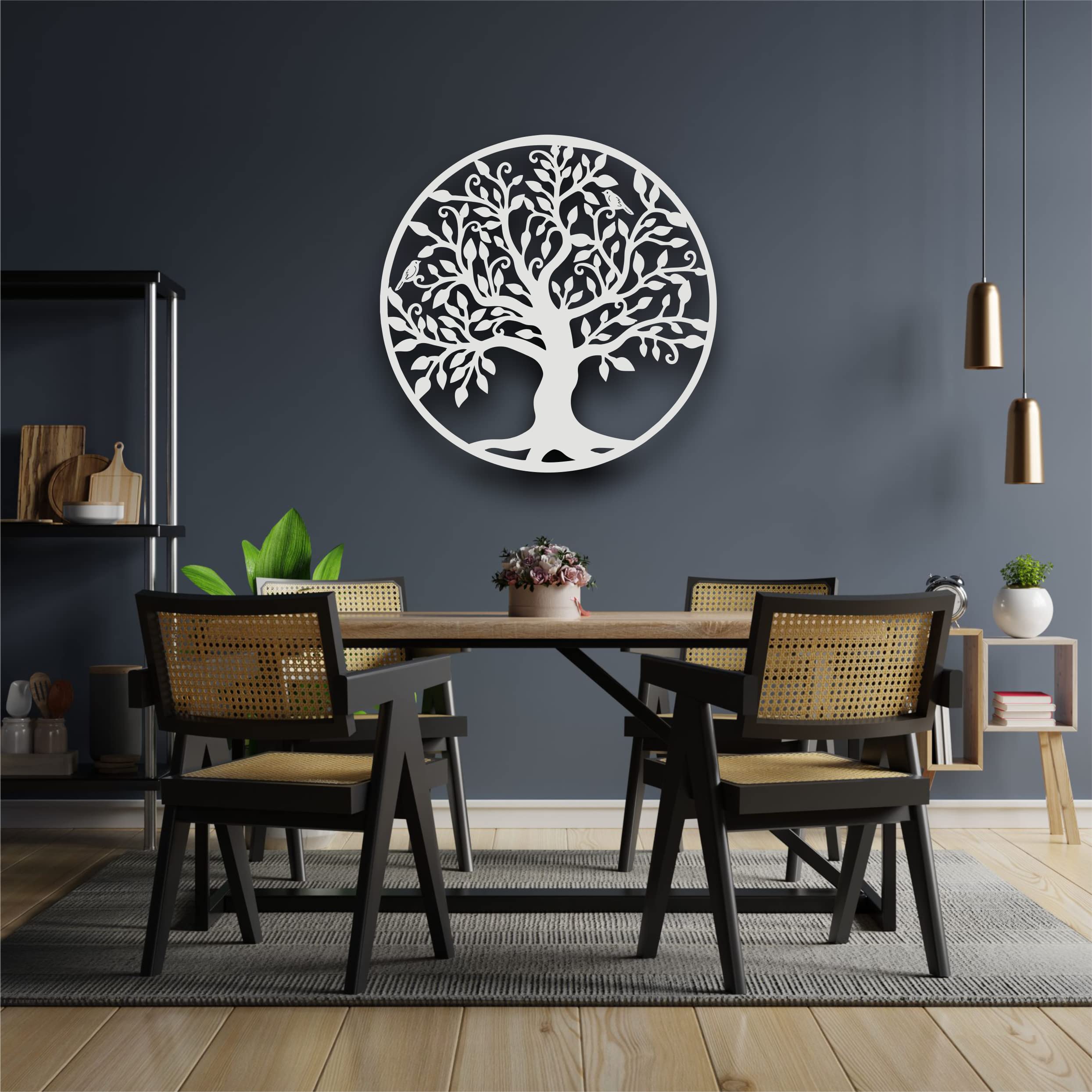 DEKADRON Arte de pared de metal, Arte de pared árbol de la vida, signo de árbol genealógico de metal, blanco (60x60cm)