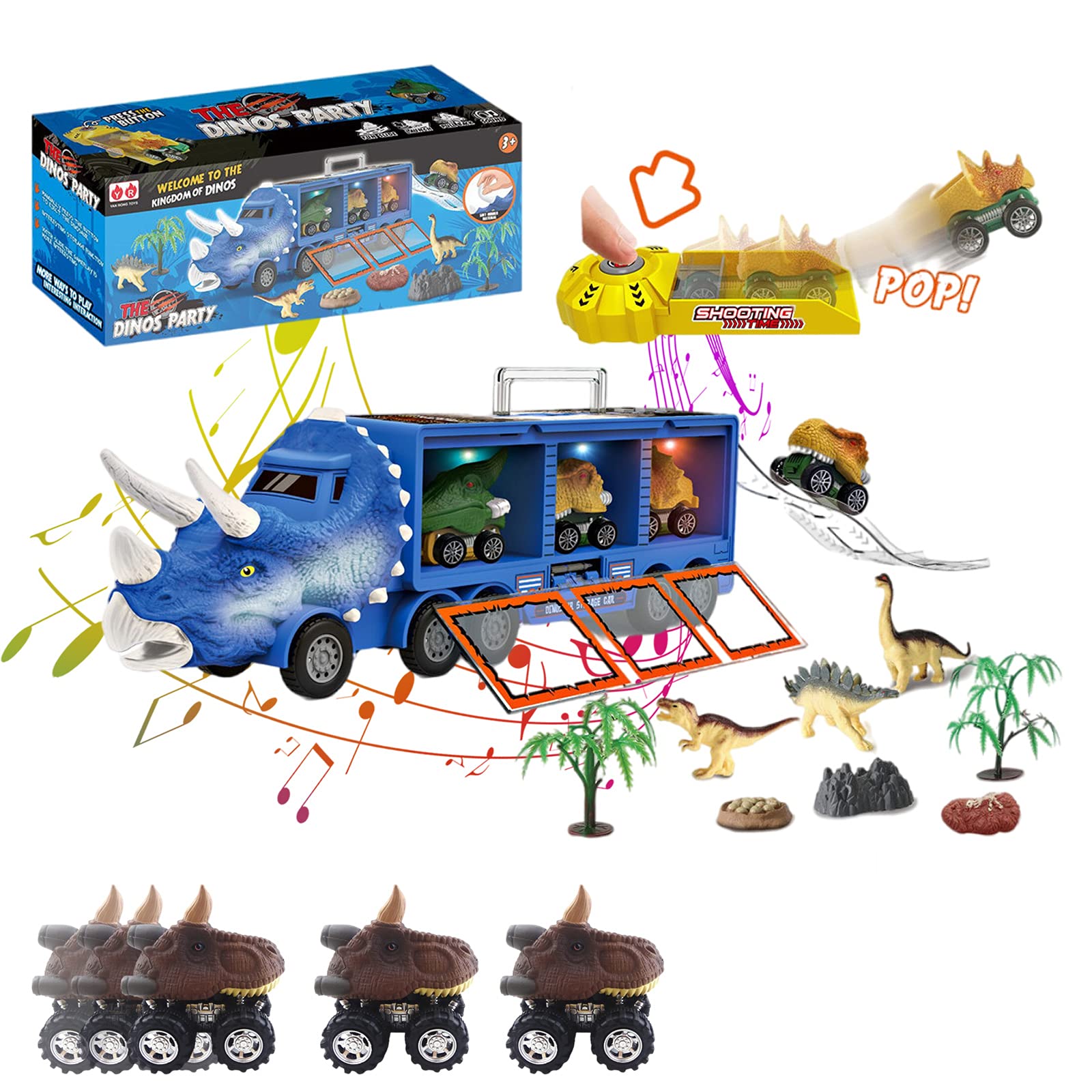 Zller2587 Dinosaur Transport Toy Car with Its Own Music and Lights, Truck Transporter Carrier Set, Toys for Boys,dinosaur Storage Cars Boy Girl, Blue