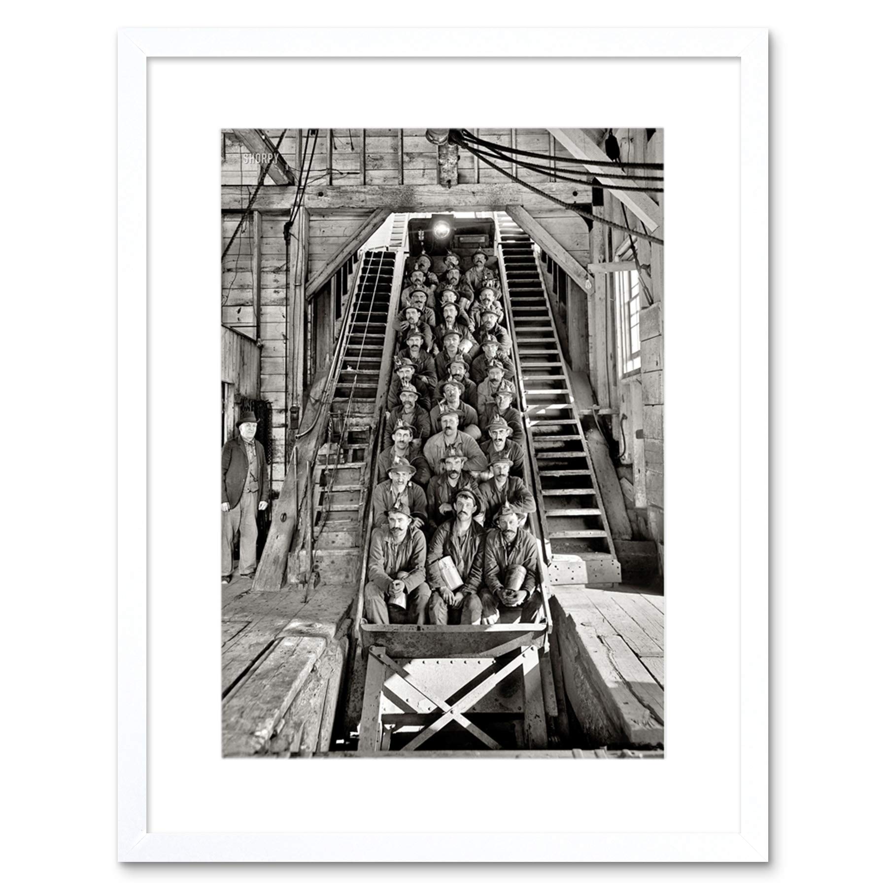 Wee Blue Coo Photo B&W Coal Miners Lift Elevator Shaft Framed Wall Art Print