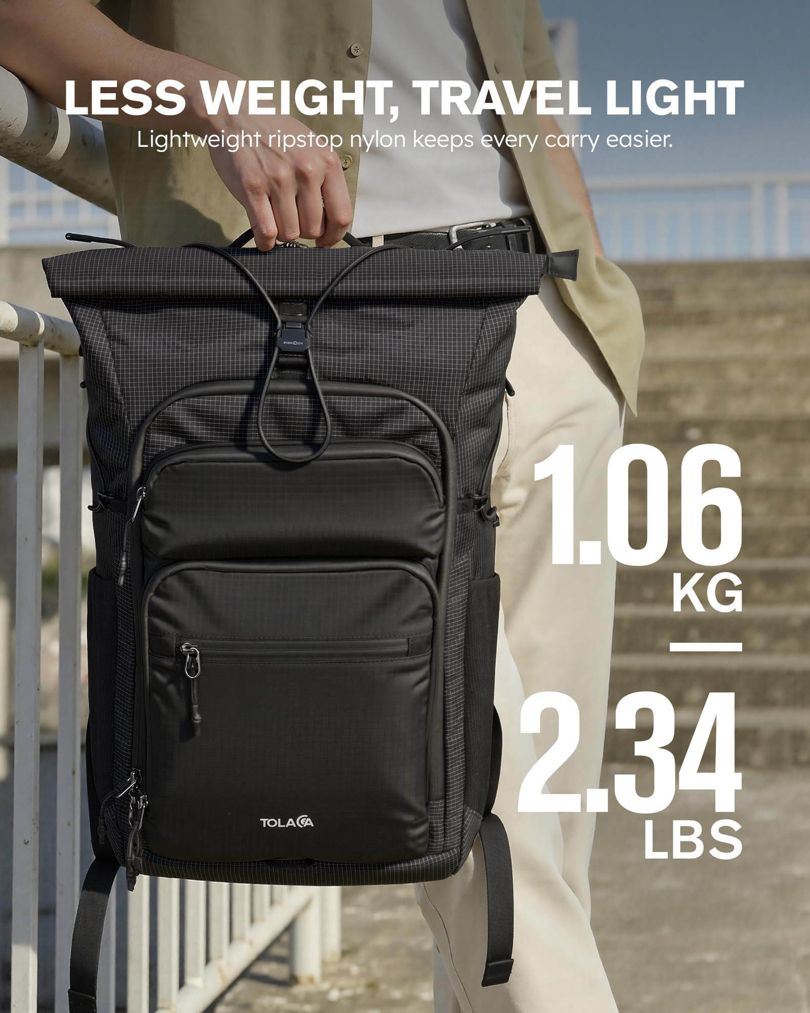 Tolaccea Rolltop Rucksack 32L Reiserucksack Handgepäck Rucksack für 16 zoll | Erweiterbar 32-40L | Leichtes Ripstop-Nylon | 180°-Laptopfach bis 16" mit EVA-Schutz | YKK-Reißverschluss | Magnetverschluss