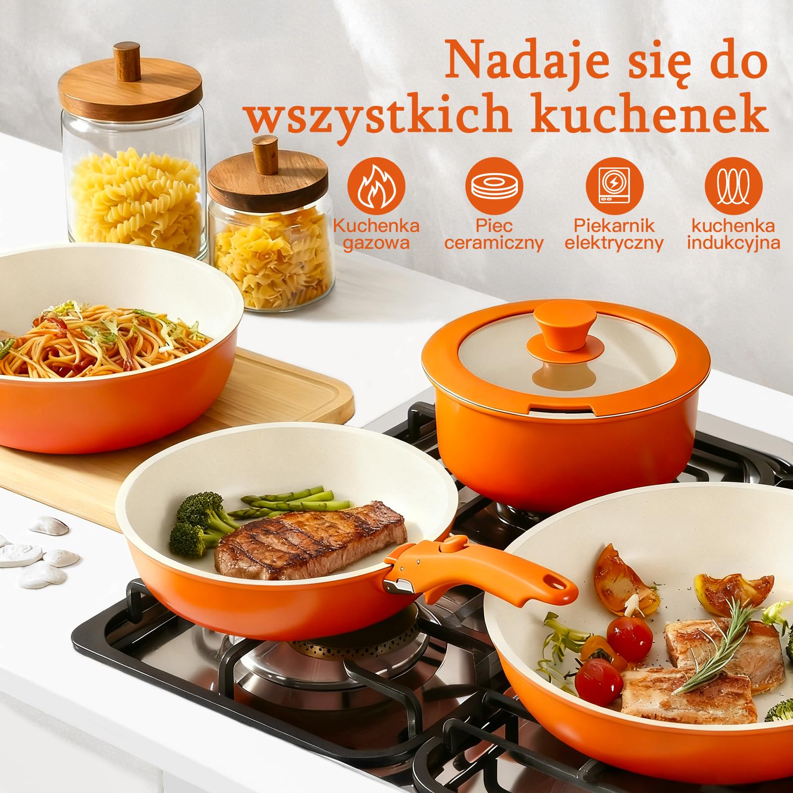 GiPP 5 Sztuk Patelni z Powłoką Nieprzywierającą do Indukcji, Pomarańczowy, Odłączany Uchwyt, Aluminium