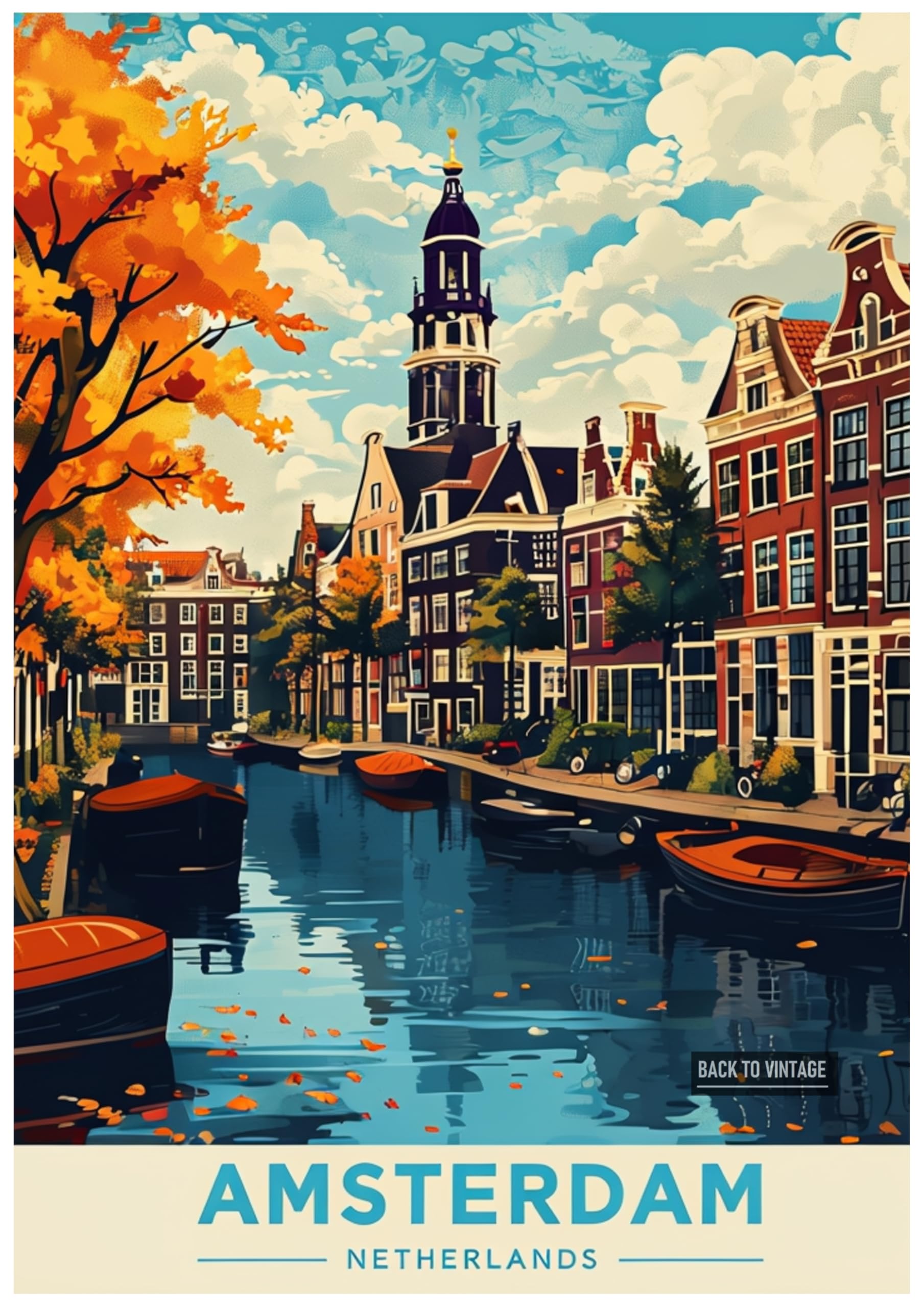 Back To Vintage Multicoloured Stylized Amsterdam City Canal Scene With Vintage Travel Poster Aesthetic - Retro Europe Travel Poster A4 Size Vintage Wall Art Print Of Famous European Destinations Ideal For Home Or Office Decor