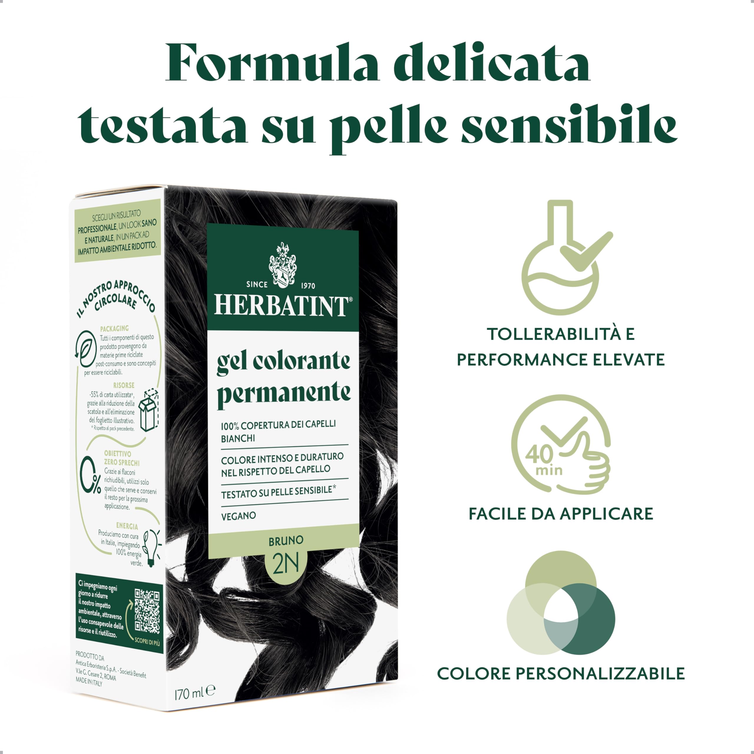 Herbatint Trwały żel do farbowania włosów 2N brązowy - 170 ml | bez amoniaku, 100% białe włosy | dla wrażliwej skóry, z 8 naturalnymi ekstraktami organicznymi