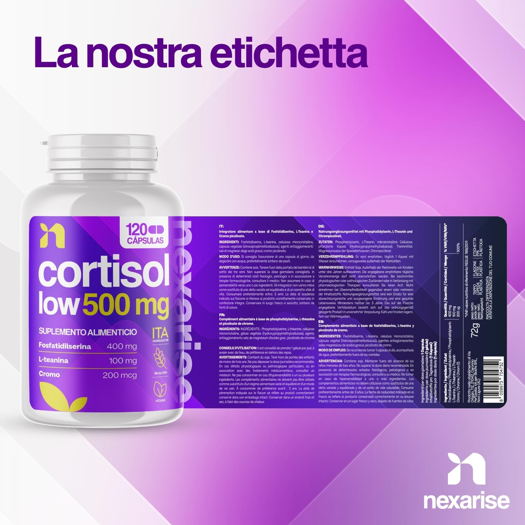 Cortisol Low 500mg | 120 Cápsulas con Fosfatidilserina 400mg, L-Teanina 100mg y Cromo Picolinato | Complemento para el Cortisol y Bienestar Mental | 4 Meses | Fabricado en Italia