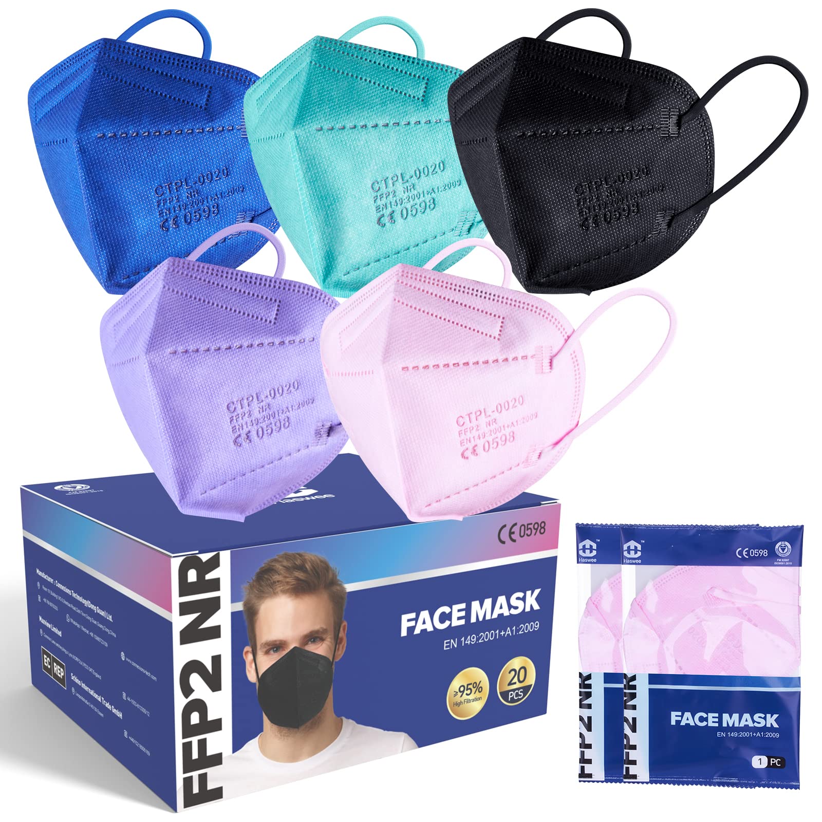 Haswee FFP2 Masken 20 Stück, 3D Becher Staubmaske Bunt,Atemschutzmaske CE0598 Zertifiziert, Einzeln Verpackt, High Density 5 Schicht Filter