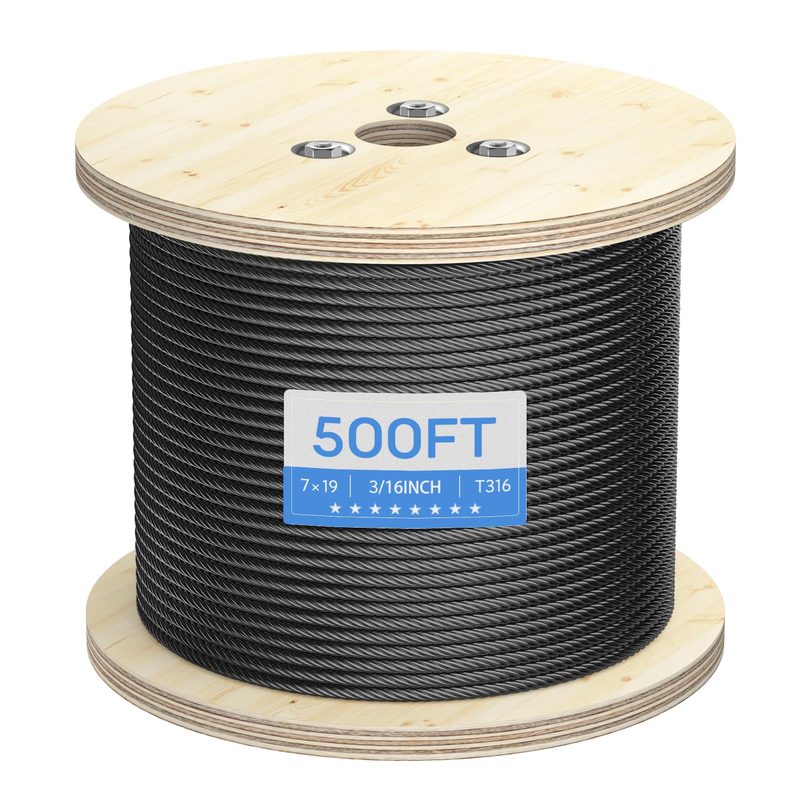 BLIKA 500FT 3/16" Black Stainless Steel Cable, T316 Stainless Steel Marine Grade 3/16" Decking Railing Cable with 7 x 19 Strand, 3700lbs Breaking