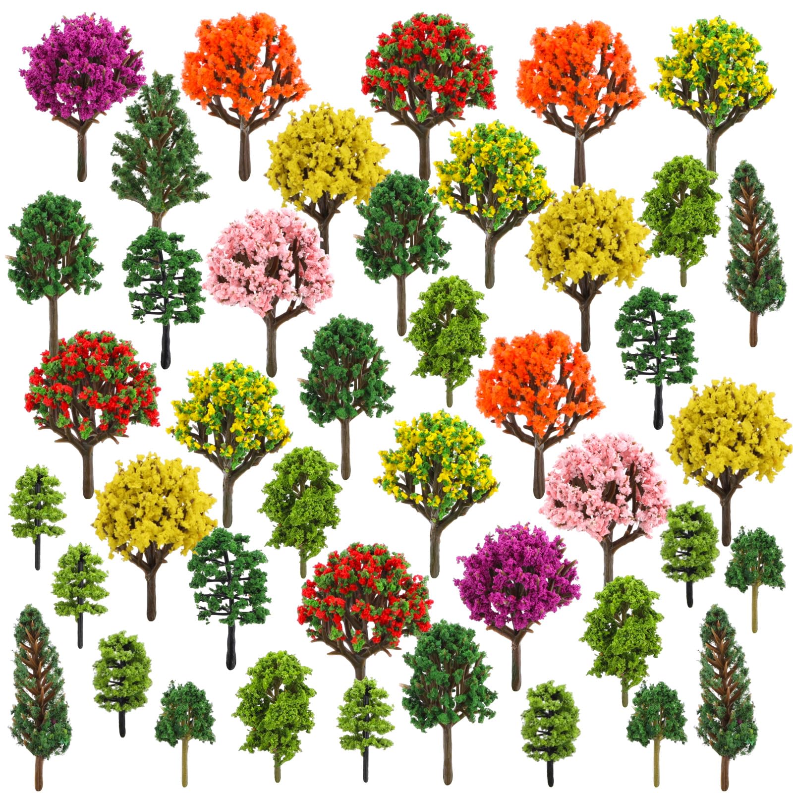 Pueine Model Trees 42pcs, 1.37-2.55" Mixed Diorama Model Tree Colourful Flower Trees Grass Architecture Mini Trees for Crafts Building Model Railway Scenery Landscape Supplies
