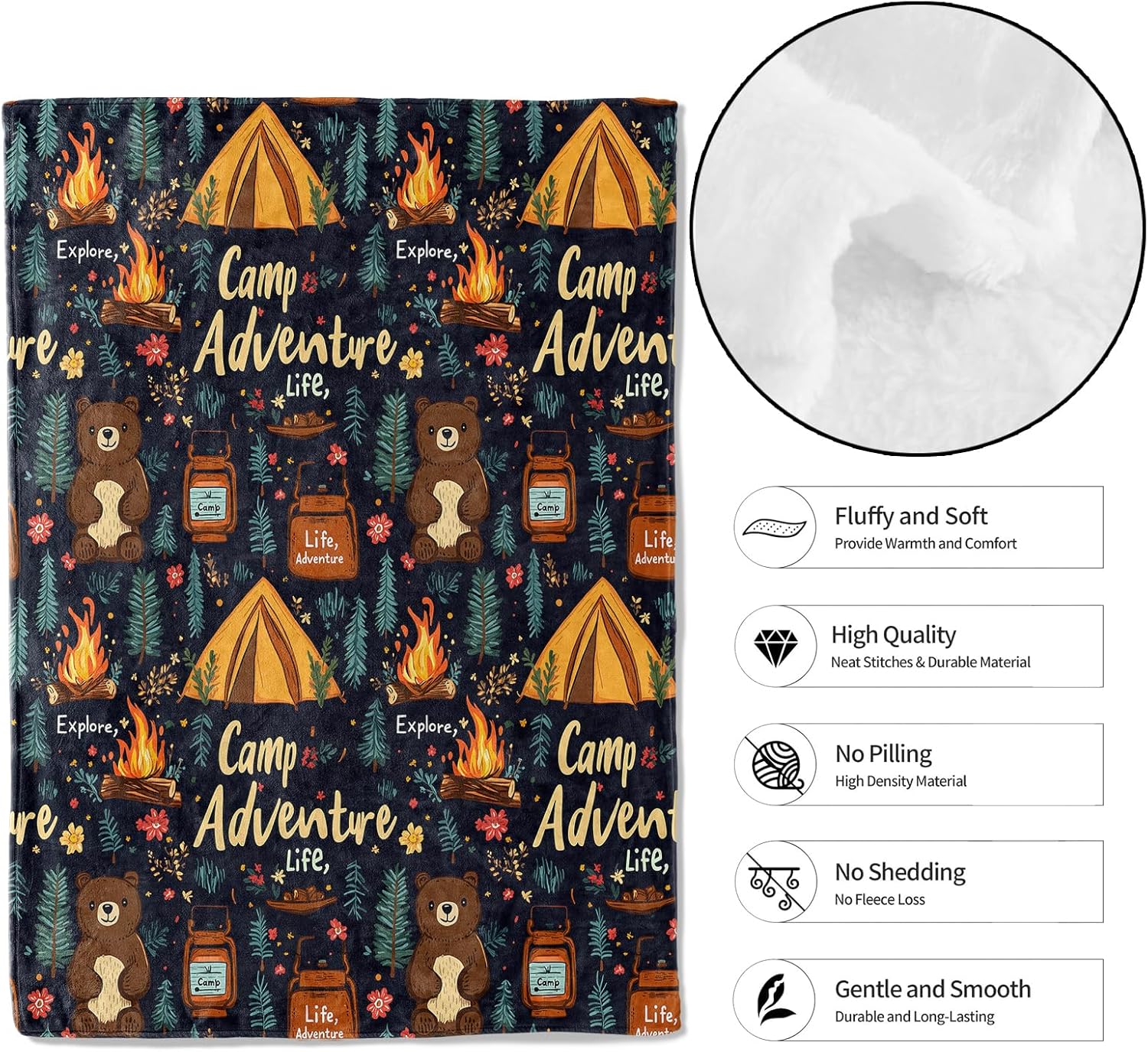 Camping Adventure Throw Blanket,50x60in,Soft,Lightweight Flannel,Campfire Tent Bear Forest Blankets - Gifts for Kids Women Girls,Outdoor Lovers,for Couch Office Travel,Home Living Room Decor