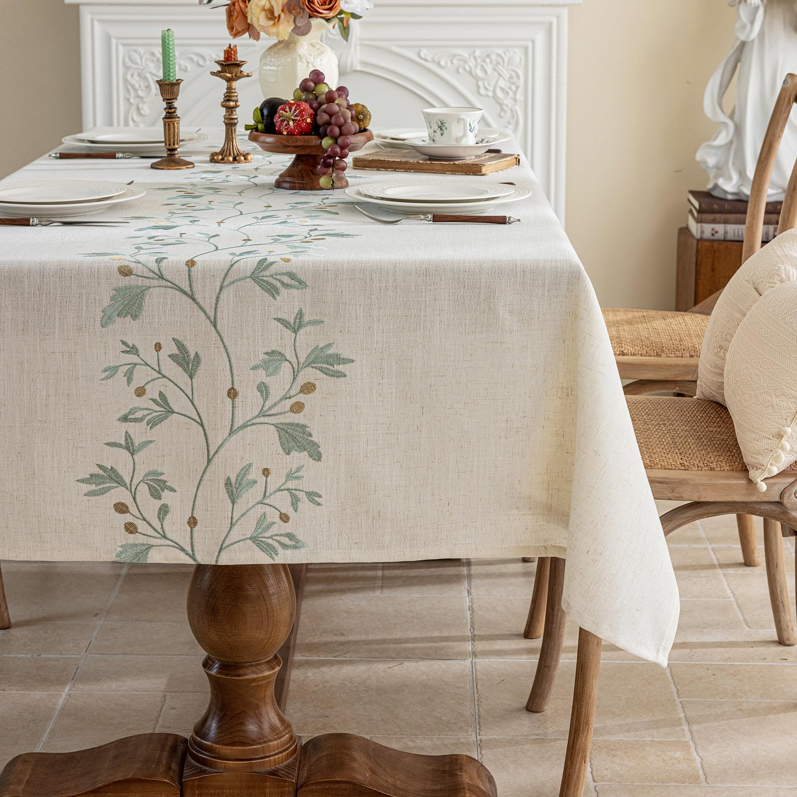 Joyfol Day Nappe rustique en lin imperméable, lourde nappe beige brodée pour tables carrées, infroissable en toile de jute (feuilles vertes, 140 x 140 cm)