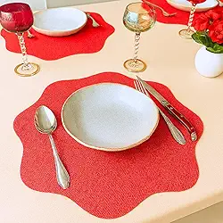 Jogo Americano Redondo, Sousplat Decorativo com 6 Unidades e 6 Porta Copos, Sisal Vermelho, para Mesa Posta