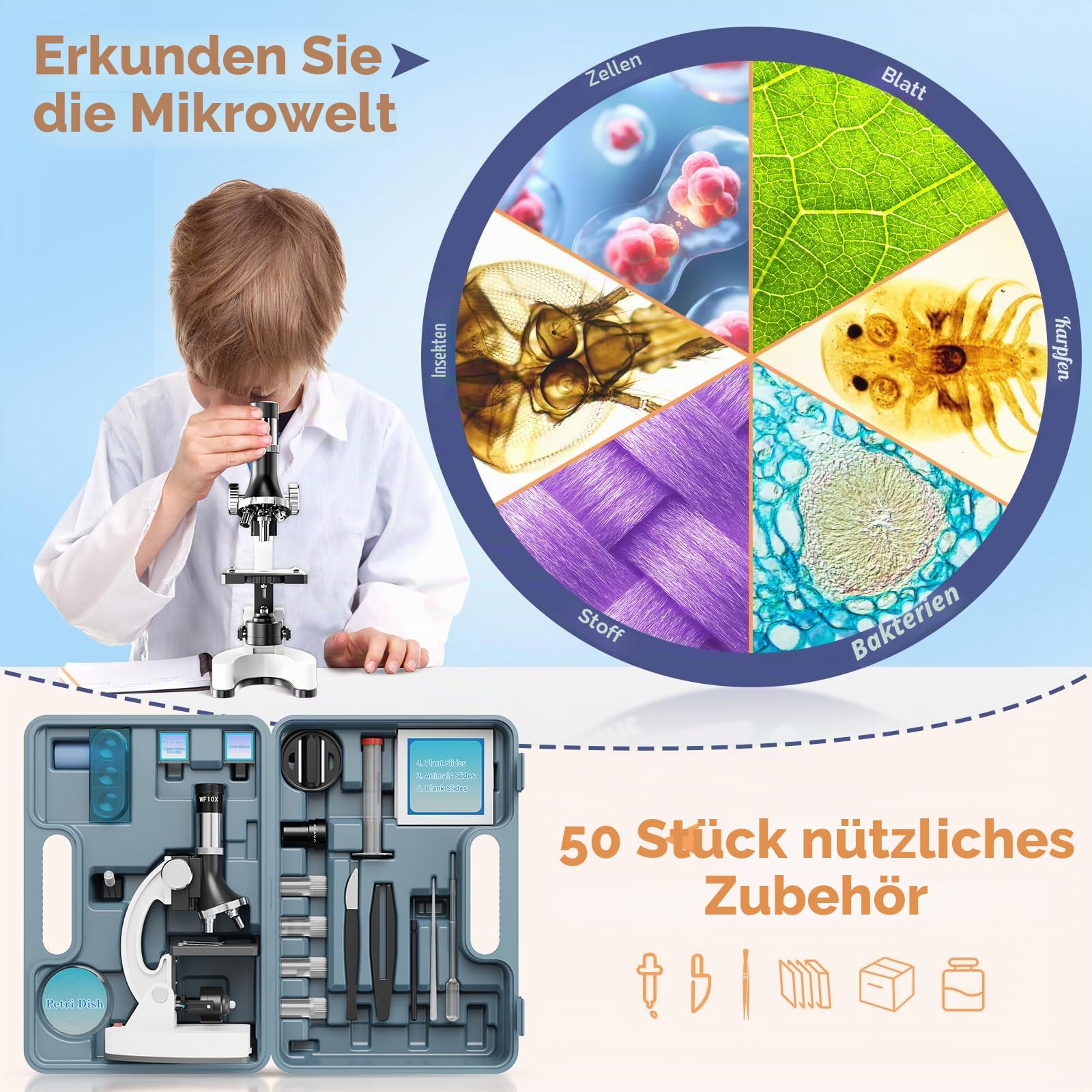 100X–1200X Entdecker Kinder Mikroskop Set mit Koffer: Natur unter dem mikroskop Schüler ab 6 Jahre – Wissenschaftliches Kindermikroskop kit mit Metallrahmen, Objektträger – Pädagogisches Geschenk | Nature Exploration STEM Science Mikroskopie mit Metallrah