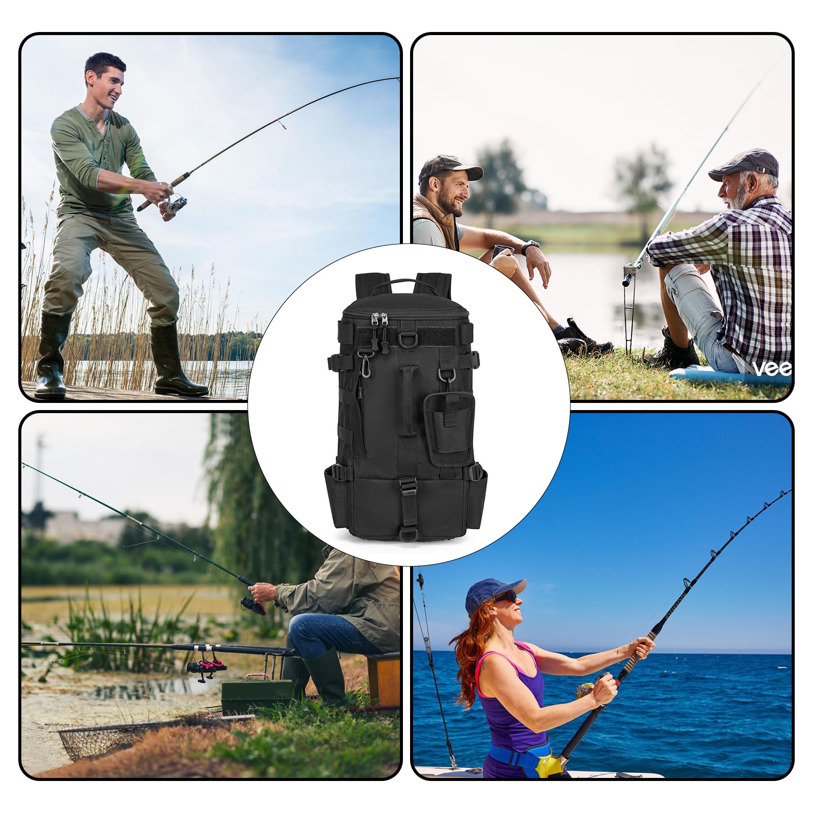 Mochilas de pesca con soporte para cañas: 45 x 16 x 23 cm, mochilas al aire libre impermeables, color negro, multifunción, mochila militar para camping