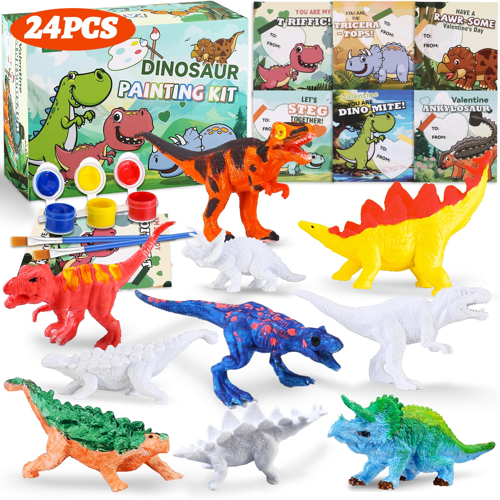 Photo 1 of 24 PCS Valentines Day Cards for Kids with Dinosaur Painting Kit