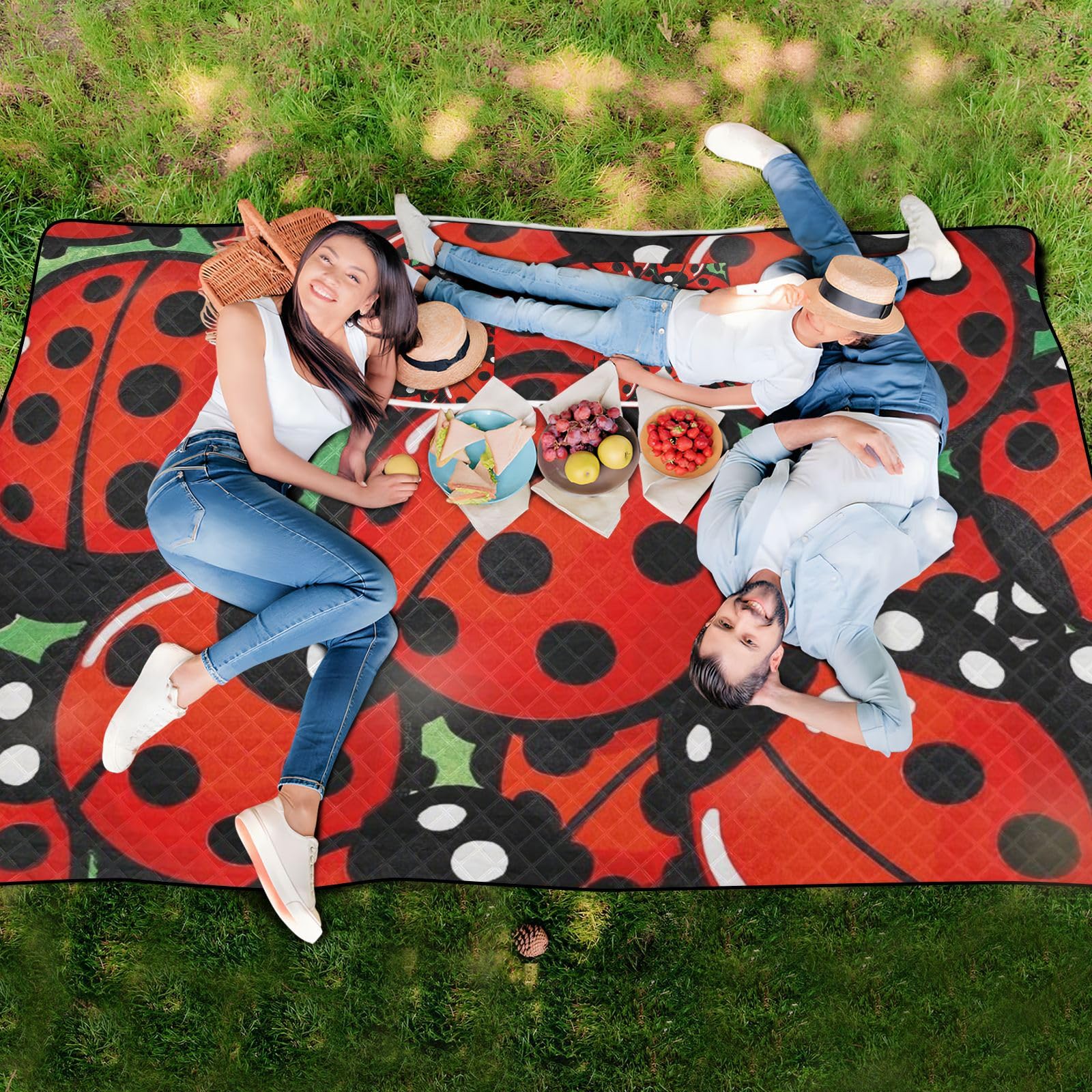 Simpatico cartone animato insetto distintivo rosso impermeabile picnic coperte per all'aperto resistente alla sabbia campeggio partito pieghevole coperta da picnic per adulti coppie regalo