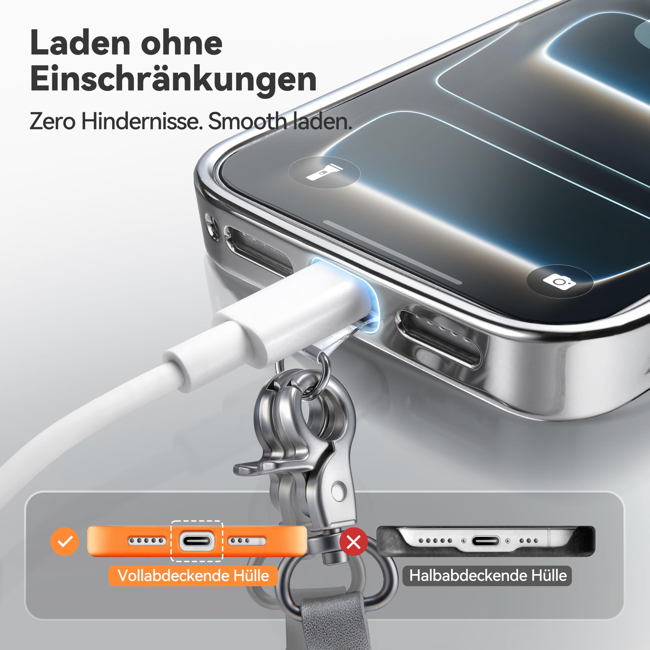 CASEKOO Linkoo iPhone 17 Pro Hülle mit Handykette Bundle, MagSafe Handyhülle mit ClipSafe Klapp-Clip + Luxury Handyband zum Umhängen, 3-in-1 Anti-Verlust Lanyard, Silber